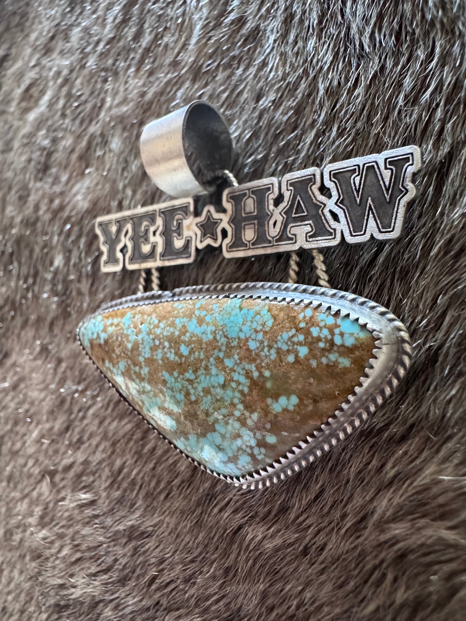 Handmade Sterling Silver & Number 8 Turquoise Yee-Haw Pendant by Roaming Buffalo