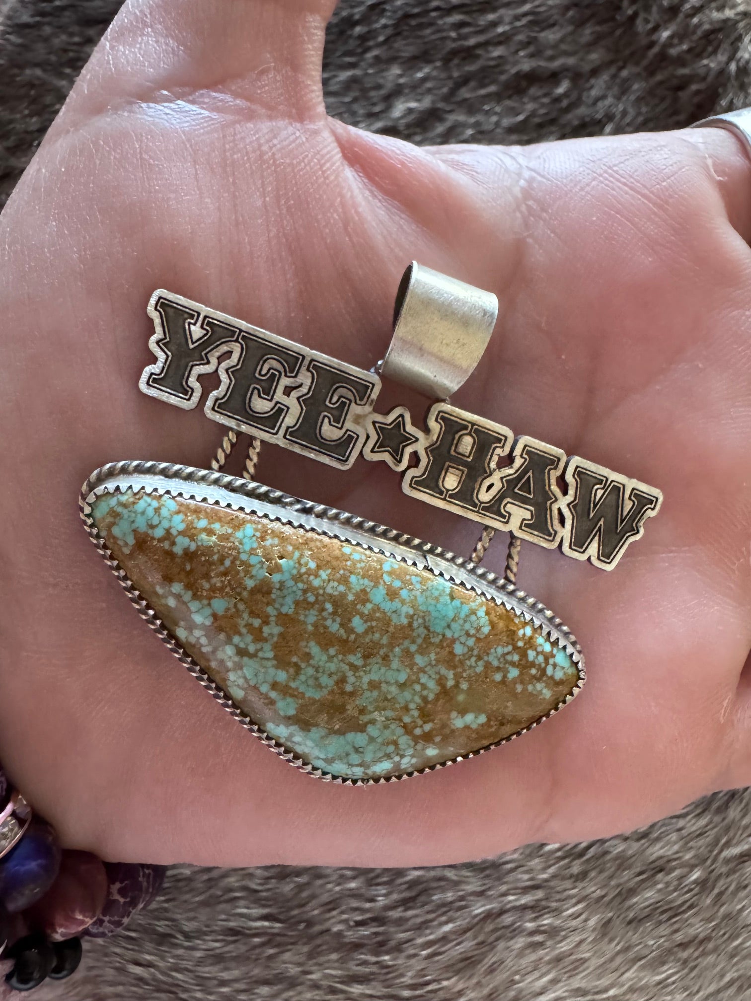 Handmade Sterling Silver & Number 8 Turquoise Yee-Haw Pendant by Roaming Buffalo