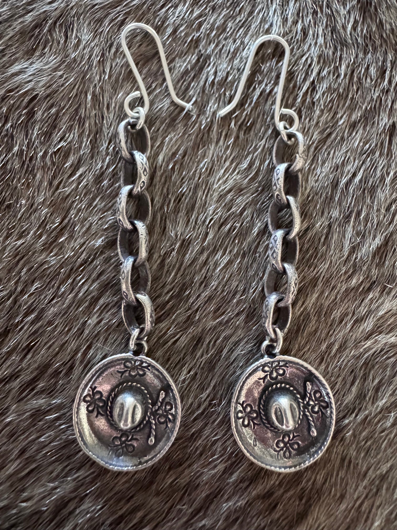 Handmade Sterling Silver Stamped Chain Cowgirl Hat Wire Dangle Earrings by Roaming Buffalo