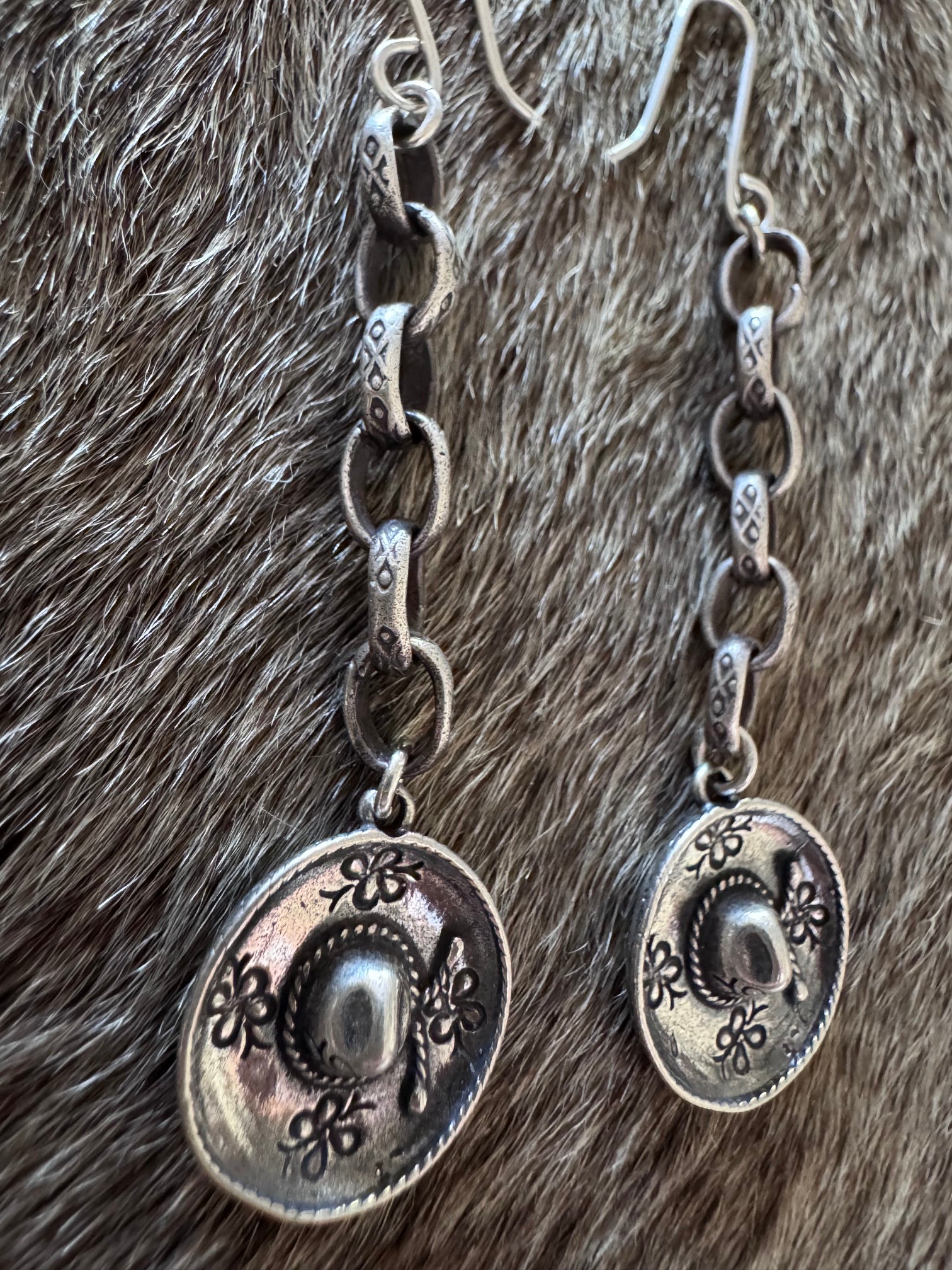 Handmade Sterling Silver Stamped Chain Cowgirl Hat Wire Dangle Earrings by Roaming Buffalo