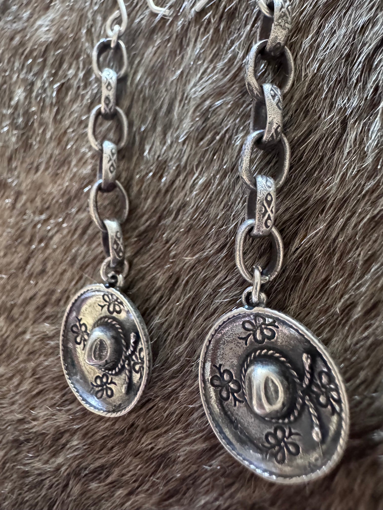 Handmade Sterling Silver Stamped Chain Cowgirl Hat Wire Dangle Earrings by Roaming Buffalo