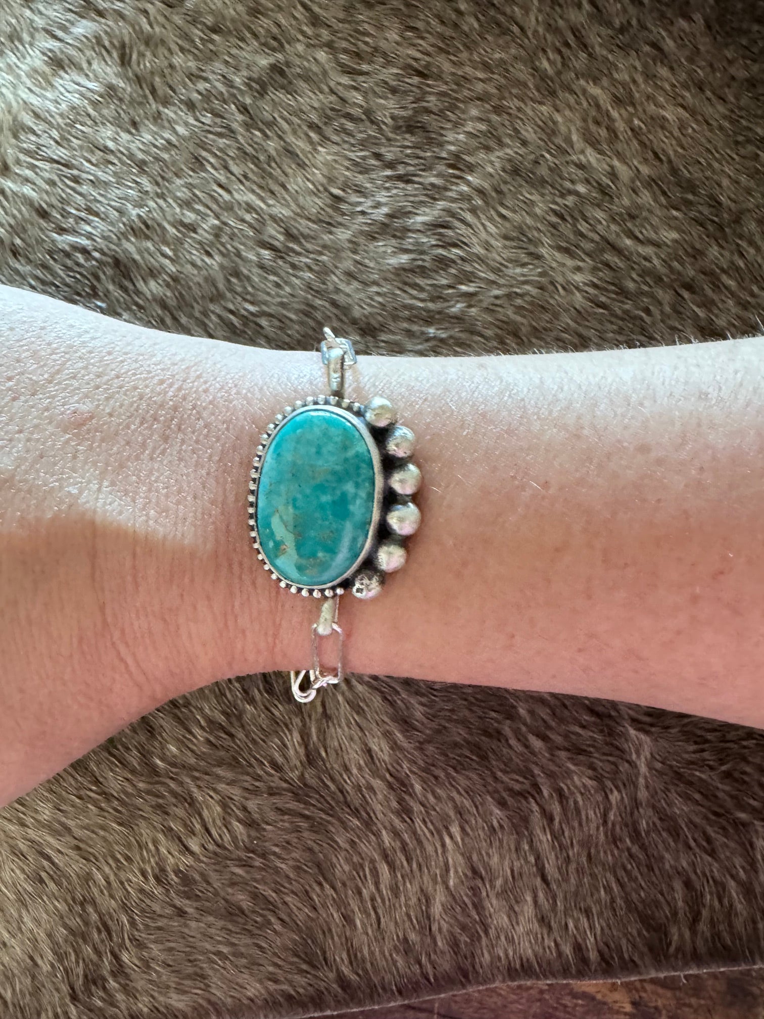 Handmade Sterling Silver & Tyrone Turquoise paperclip 8" Bracelet by Roaming Buffalo