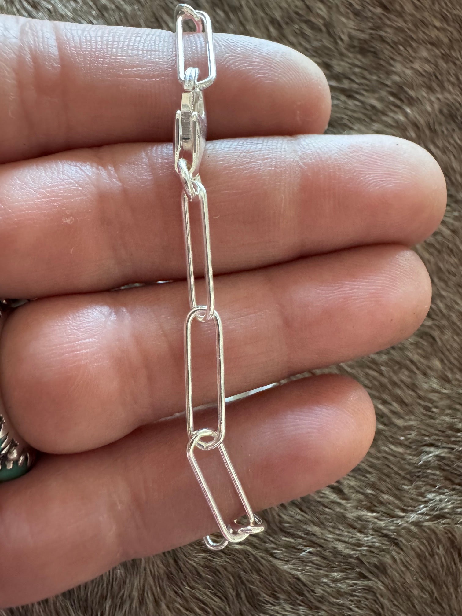 Handmade Sterling Silver & Tyrone Turquoise paperclip 8" Bracelet by Roaming Buffalo