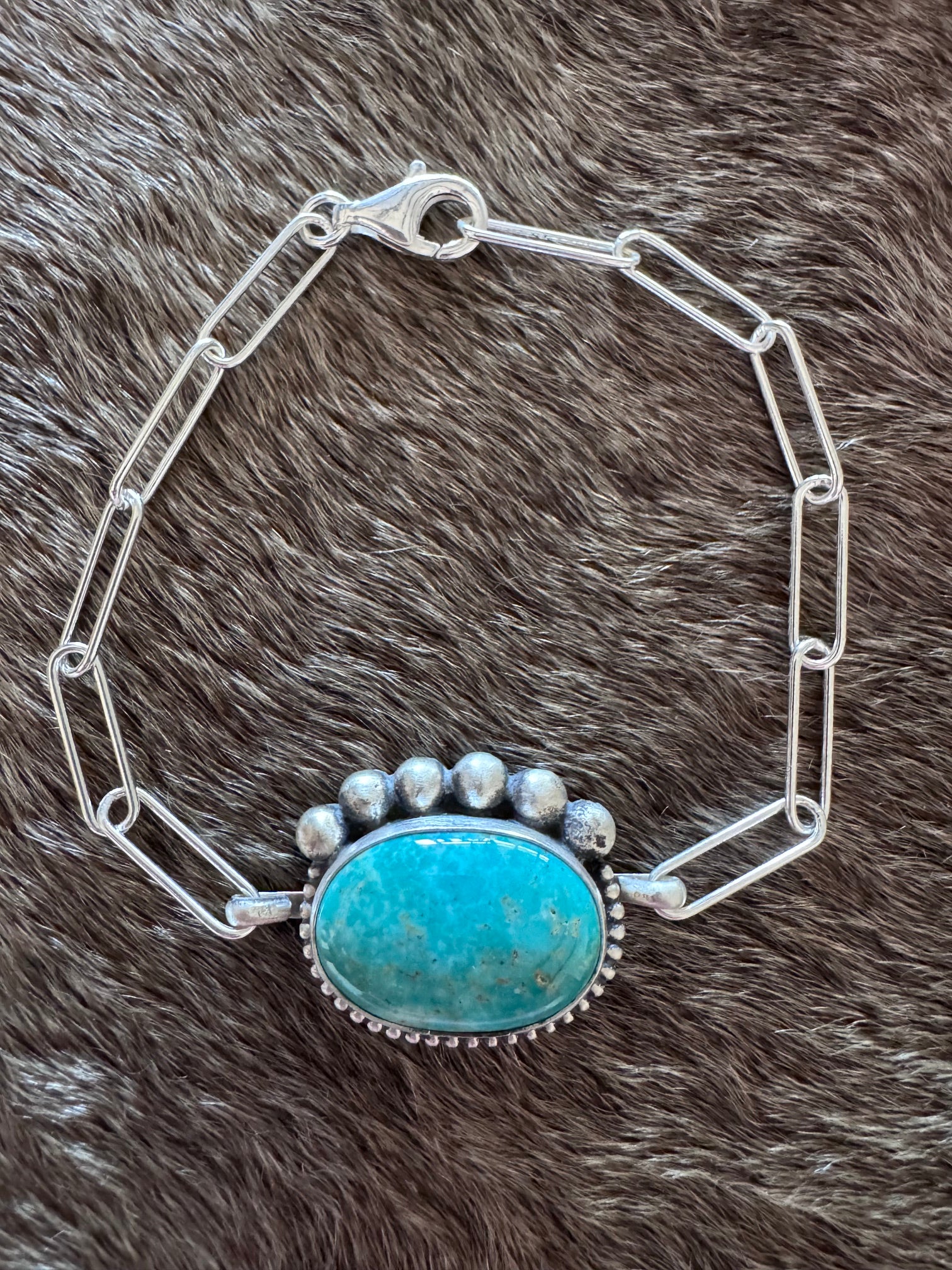 Handmade Sterling Silver & Tyrone Turquoise paperclip 8" Bracelet by Roaming Buffalo
