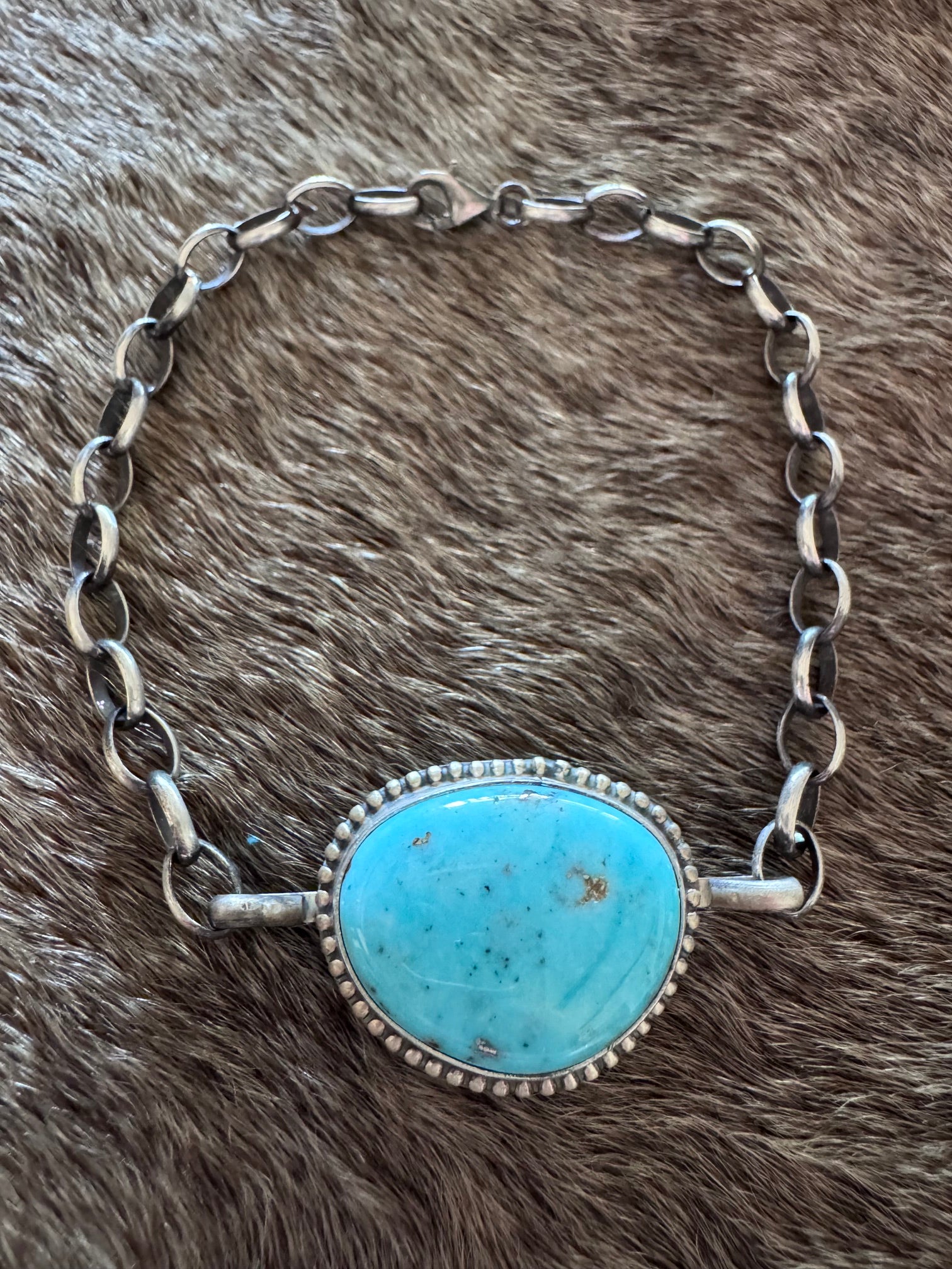 Handmade Sterling Silver & Blue Ridge Turquoise Chain 8" Bracelet by Roaming Buffalo
