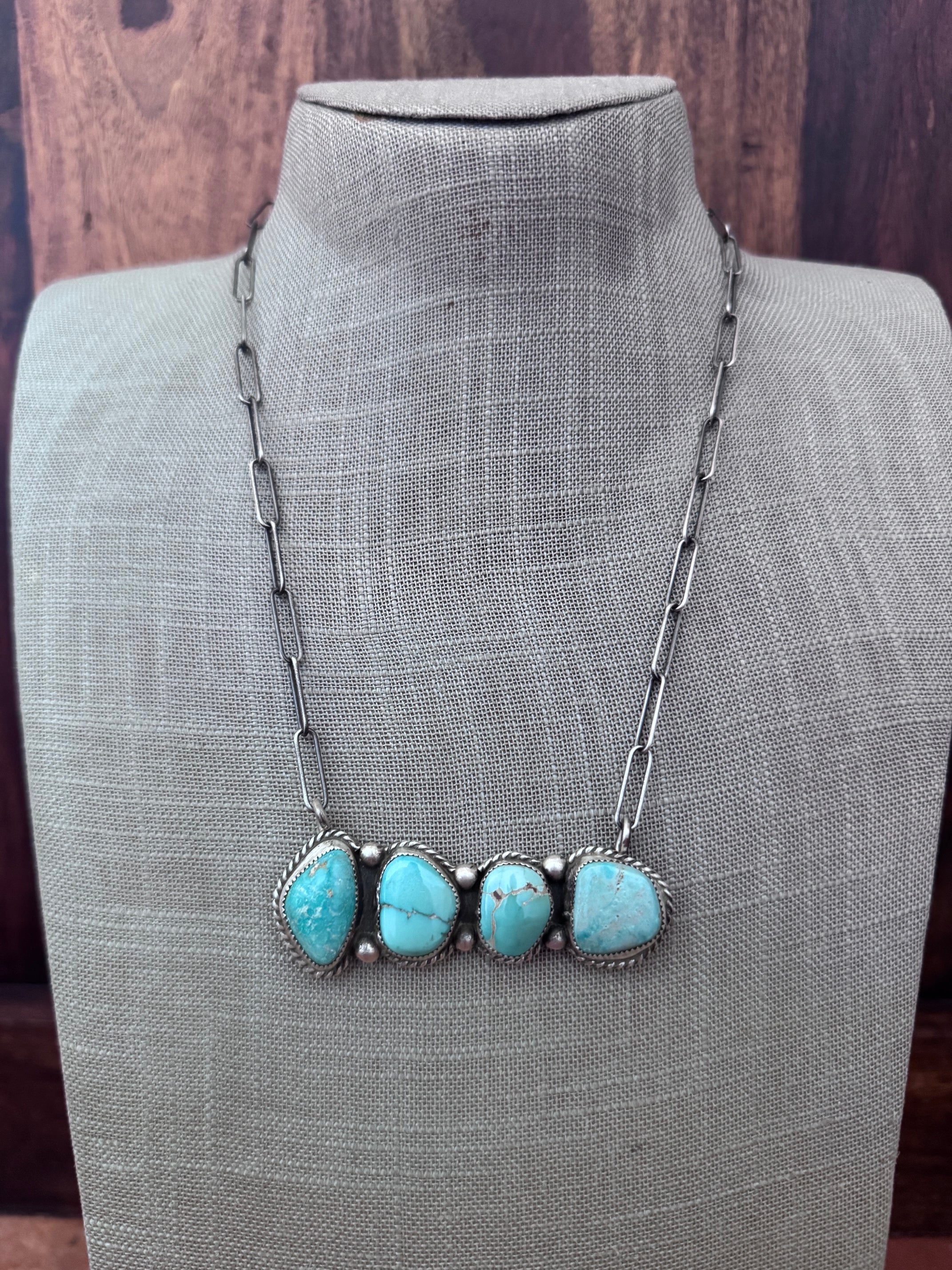 Handmade Sterling Silver & White Water, Carico Lake, Dry Creek Turquoise Bar 19.5" Necklace by Roaming Buffalo
