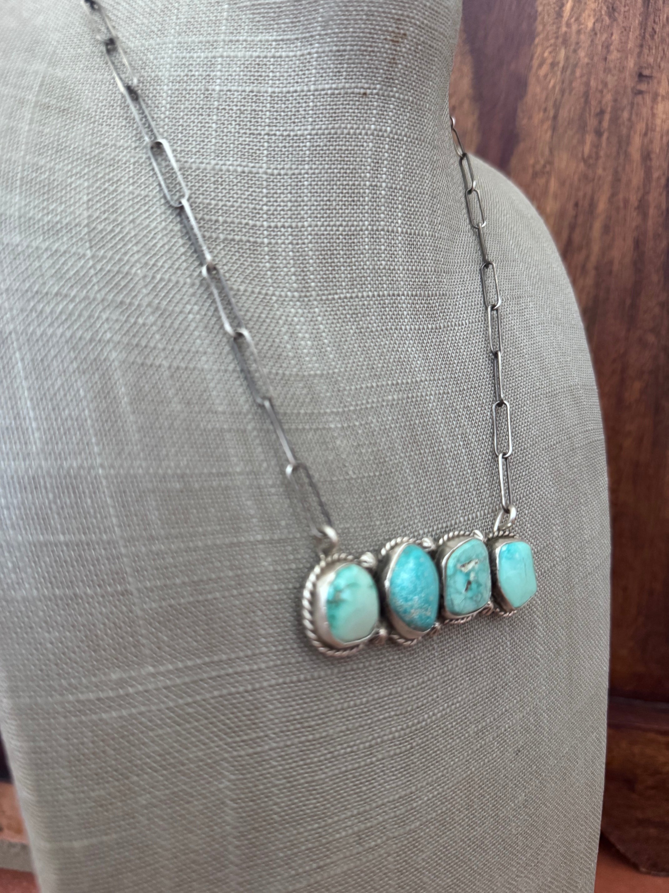 Handmade Sterling Silver & White Water, Carico Lake, Fox Turquoise Bar 19.5" Necklace by Roaming Buffalo