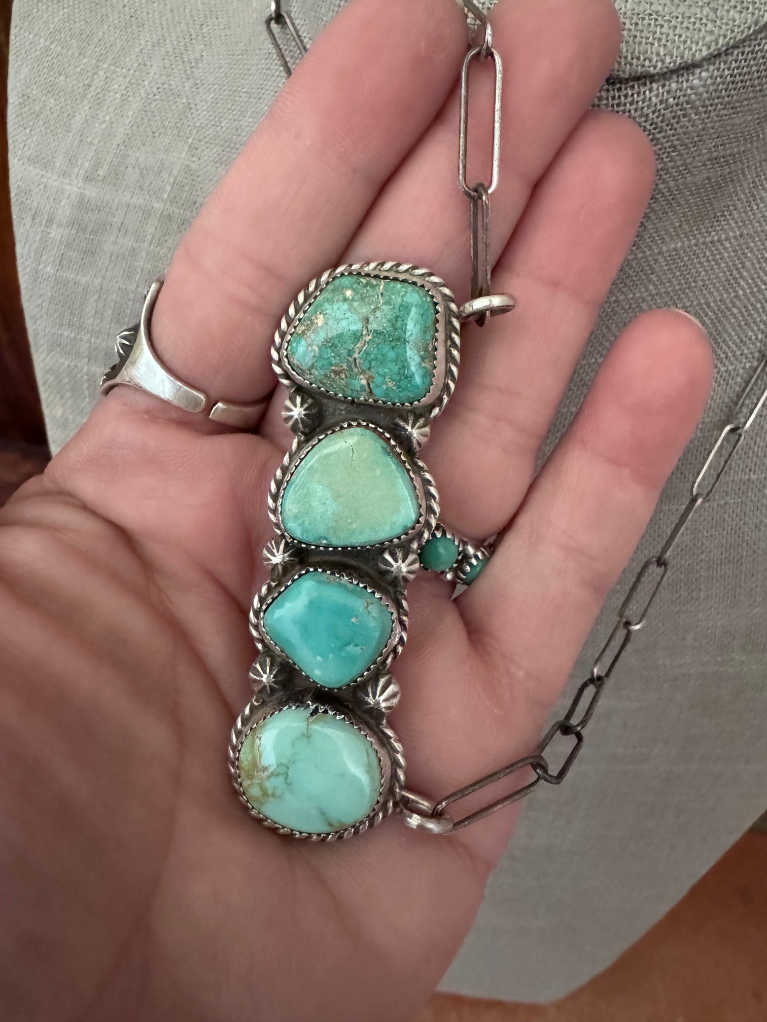 Handmade Sterling Silver & Dry Creek, Carico Lake Turquoise Bar 19.5" Necklace by Roaming Buffalo