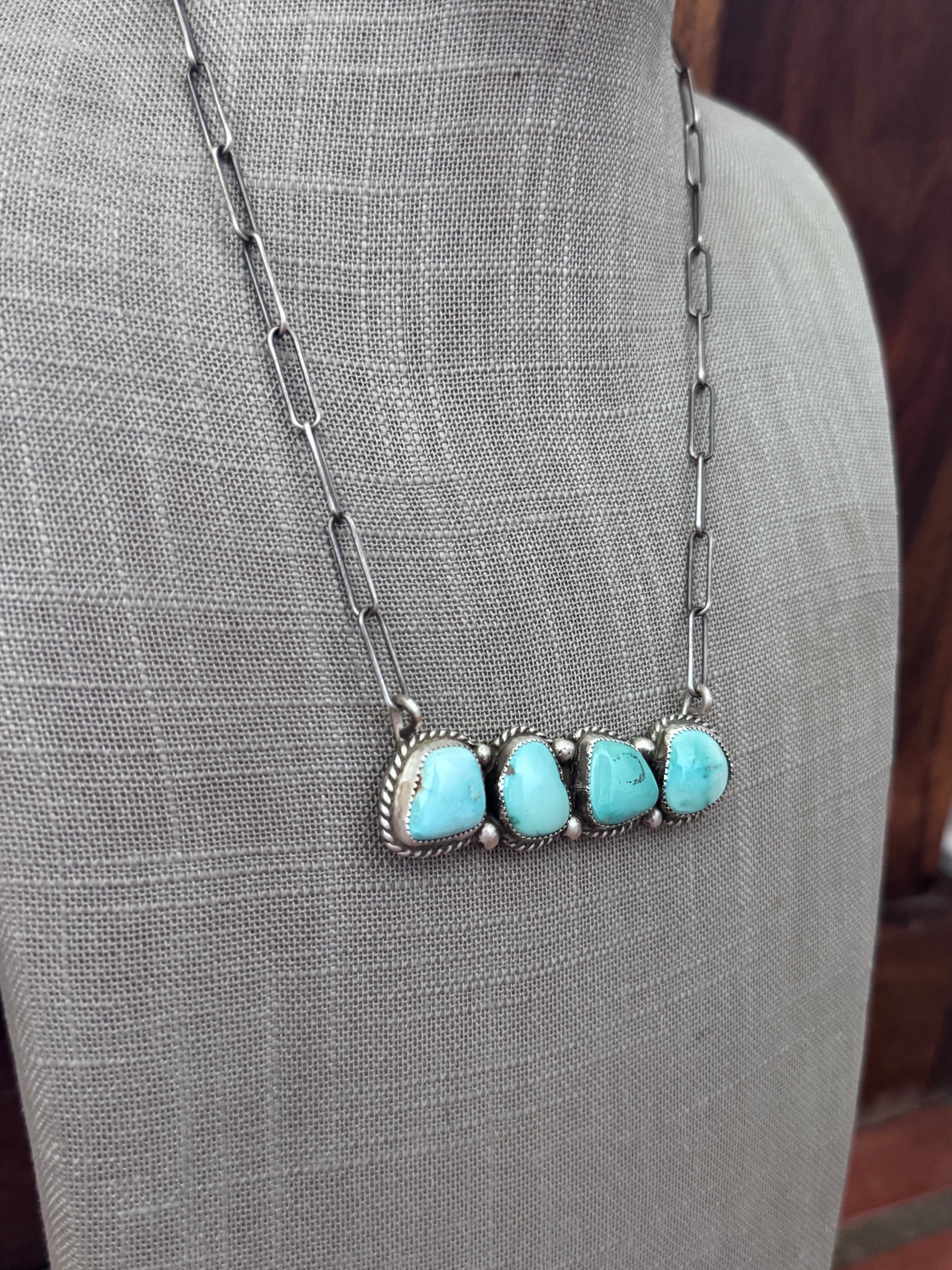 Handmade Sterling Silver & Fox Turquoise, Carico Lake Turquoise Bar 19.5" Necklace by Roaming Buffalo
