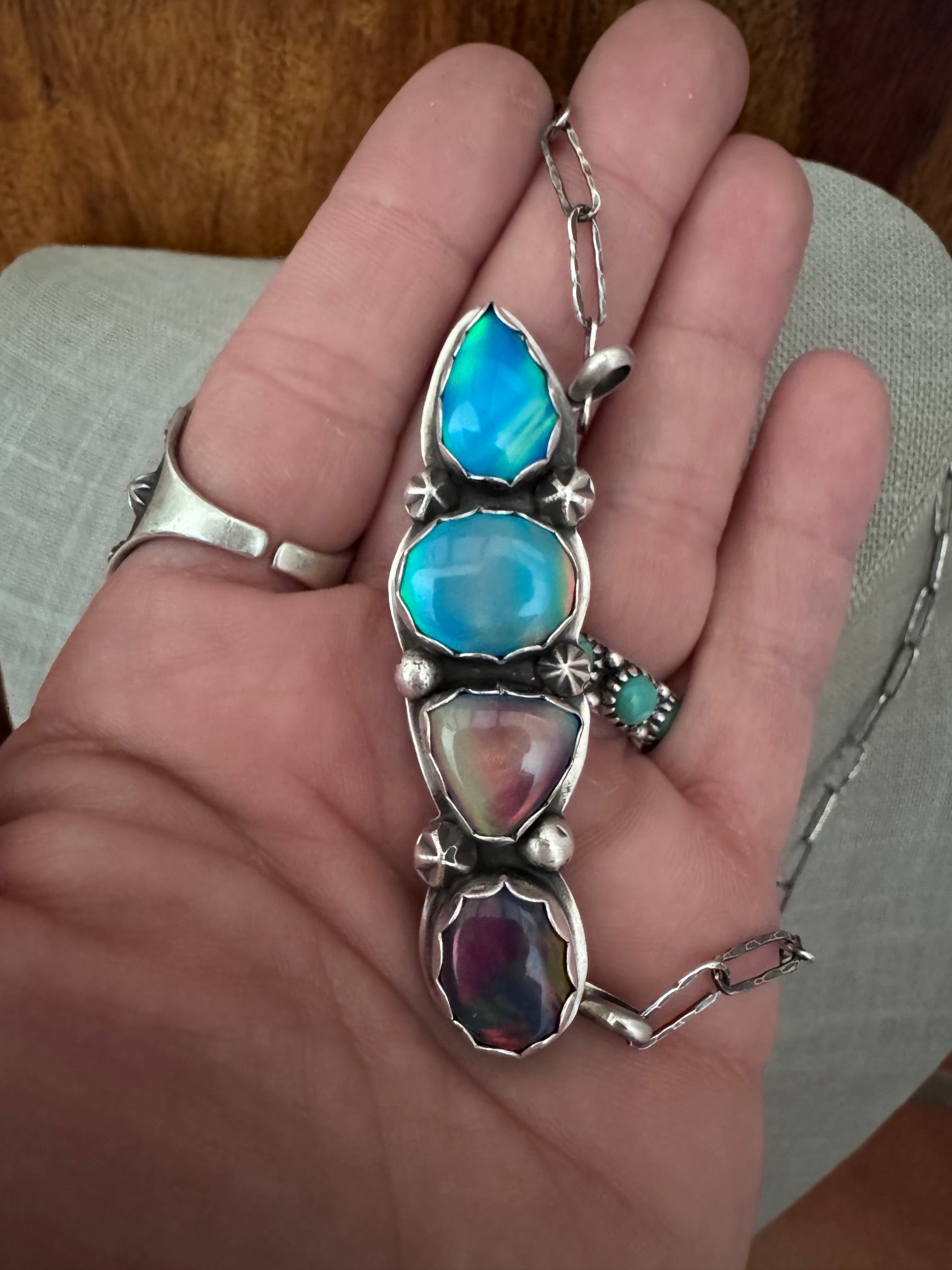 Handmade Sterling Silver & Aurora Opal 4 Stone Bar 19.75" Necklace by Roaming Buffalo