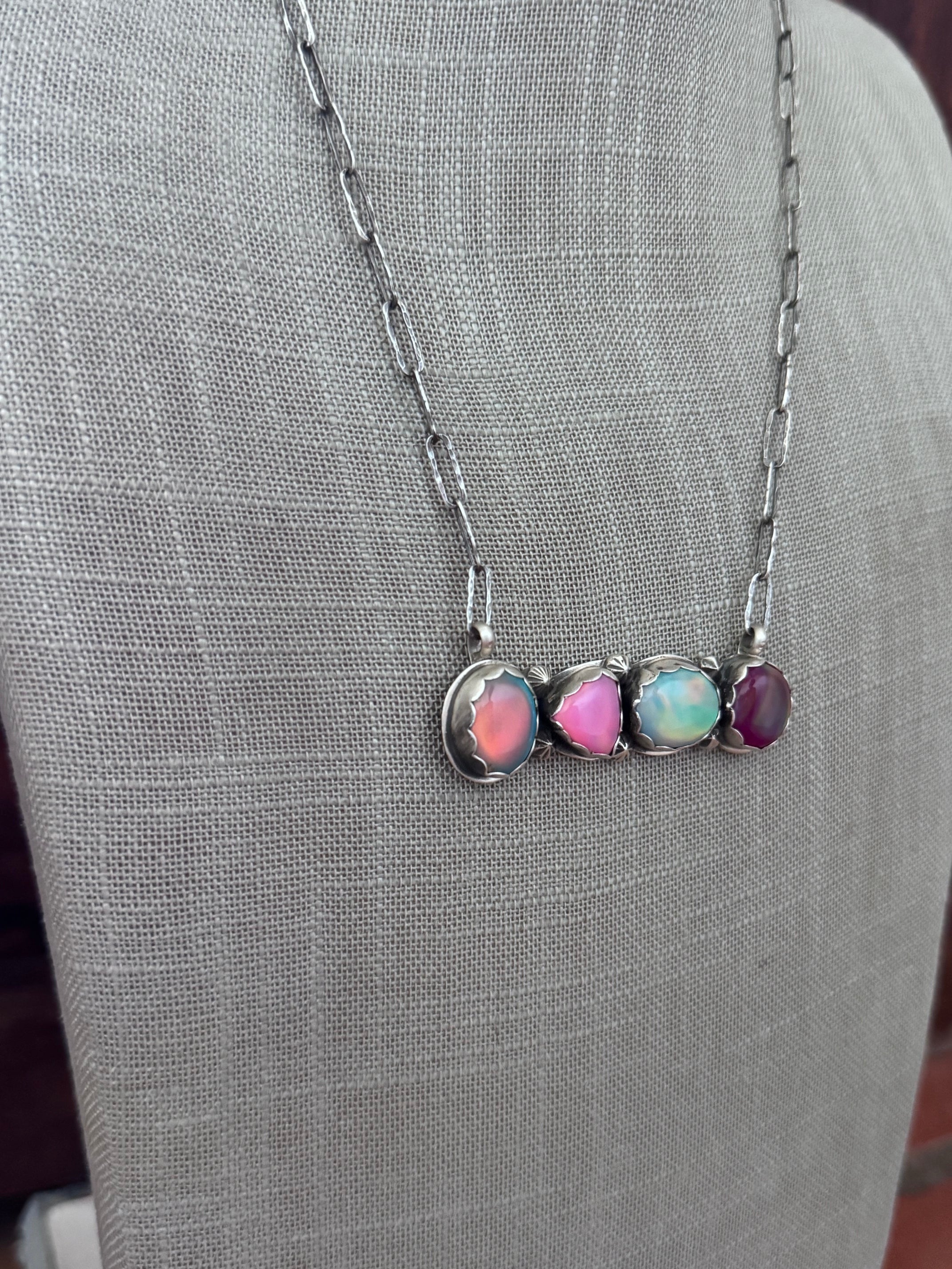Handmade Sterling Silver & Aurora Opal 4 Stone Bar 19.75" Necklace by Roaming Buffalo