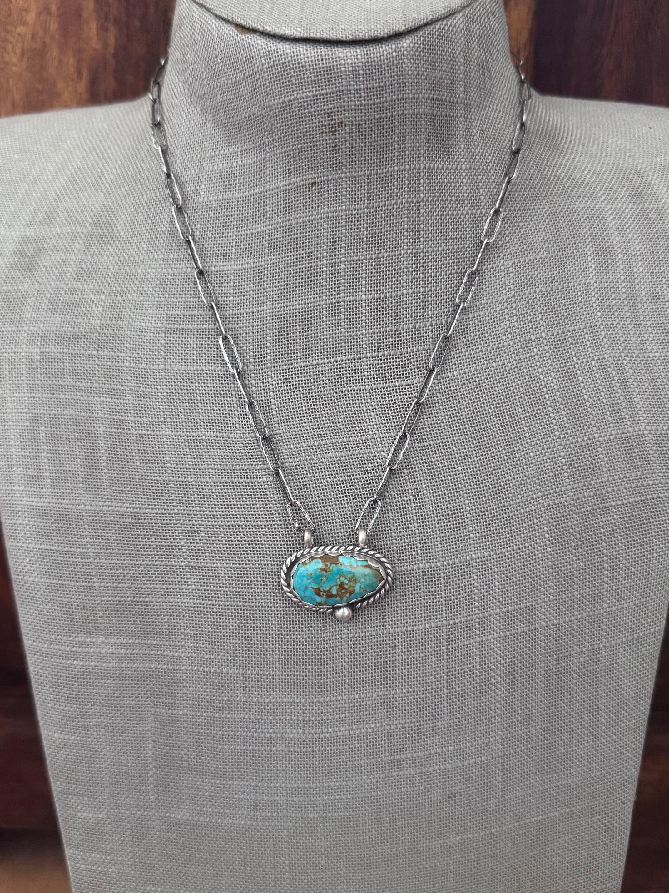 Handmade Sterling Silver & Tyrone Turquoise 18" Necklace by Roaming Buffalo