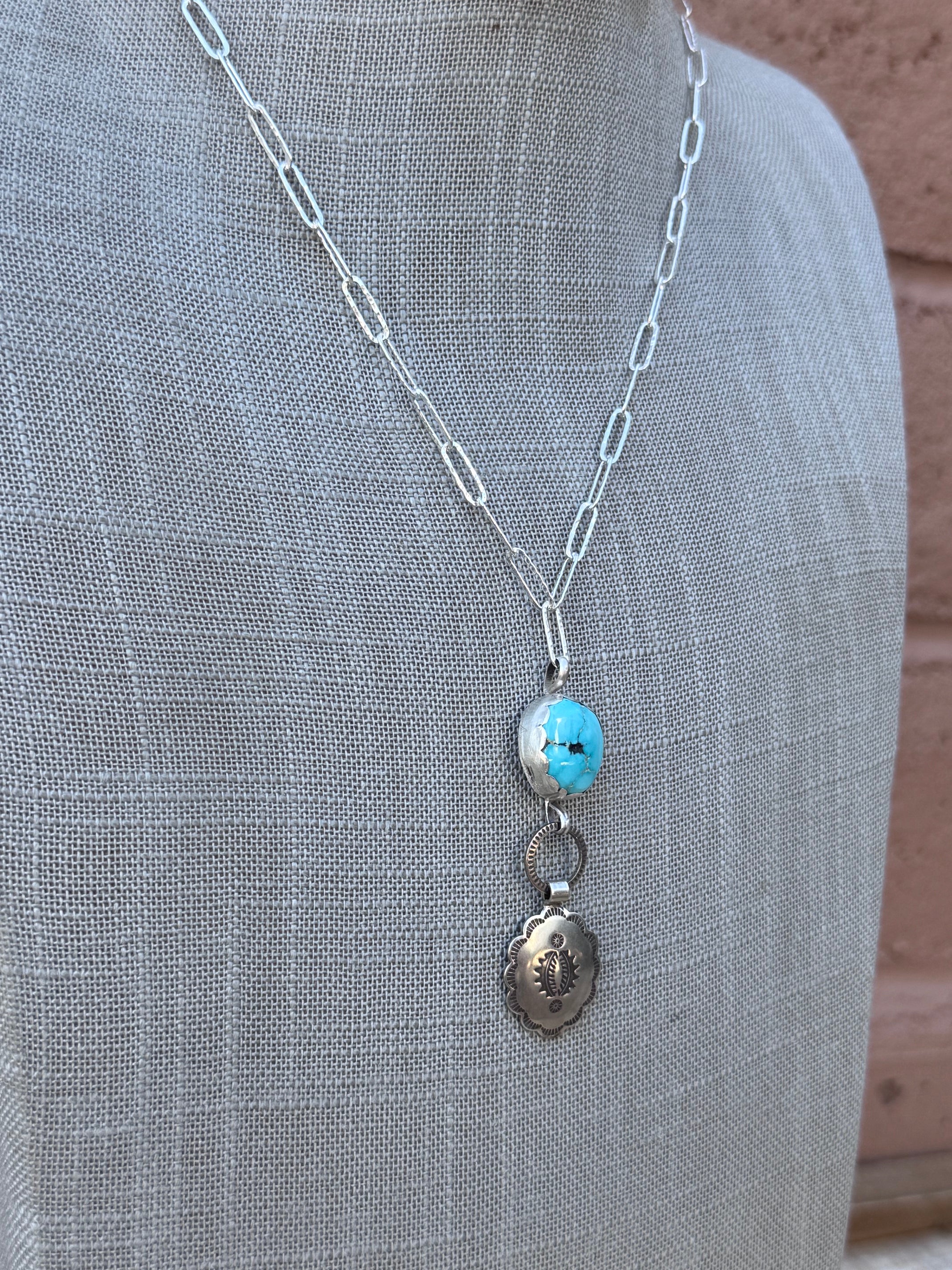 Handmade Sterling Silver & Carico Lake Turquoise Concho 18" Necklace by Roaming Buffalo