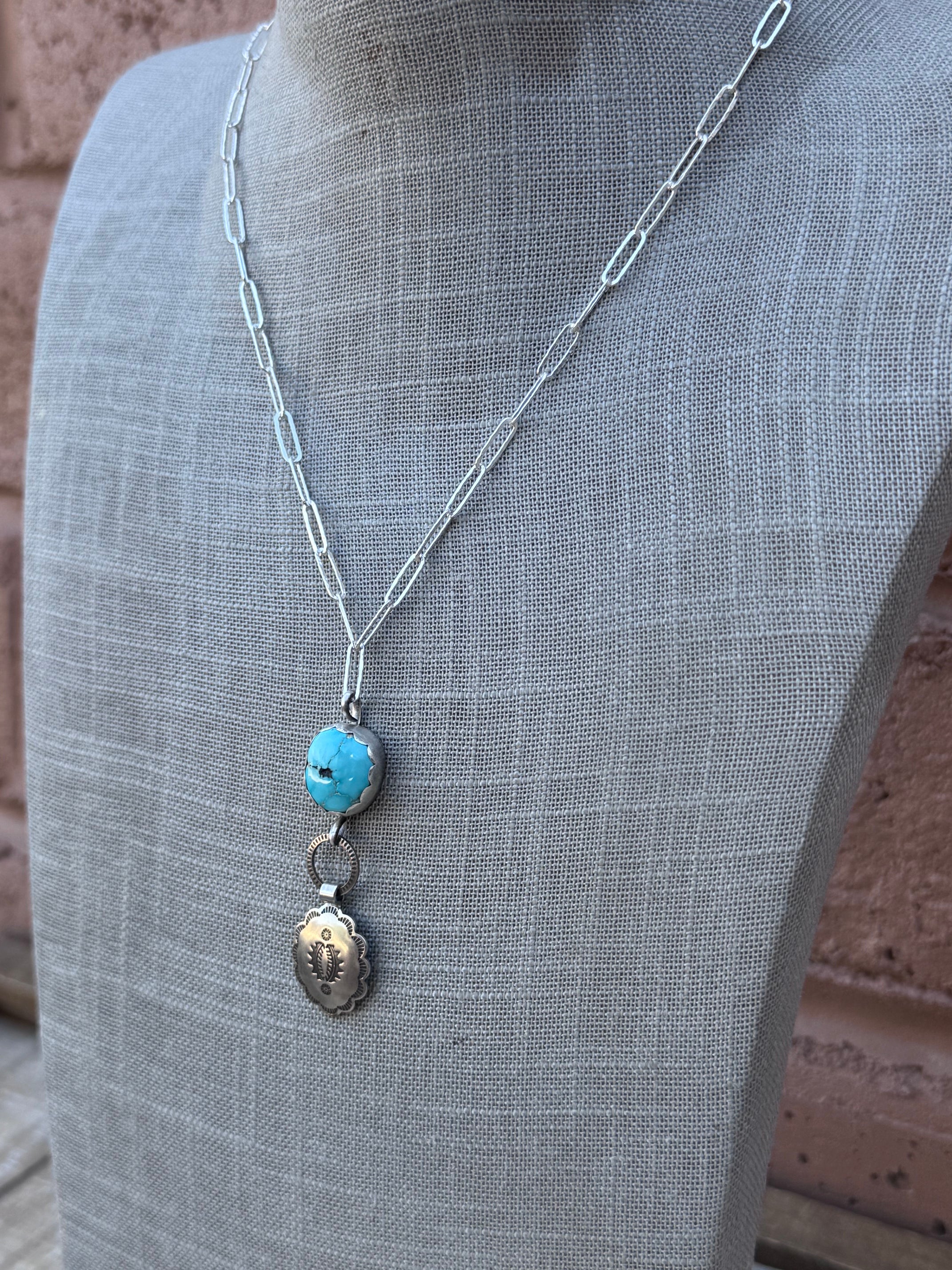 Handmade Sterling Silver & Carico Lake Turquoise Concho 18" Necklace by Roaming Buffalo
