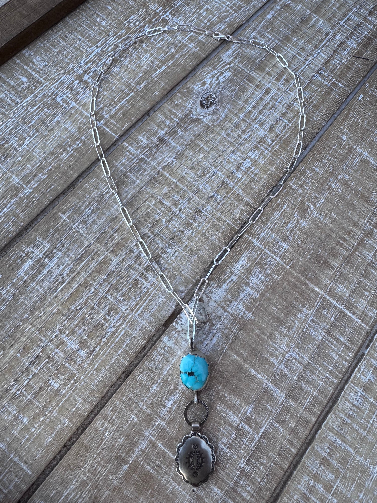 Handmade Sterling Silver & Carico Lake Turquoise Concho 18" Necklace by Roaming Buffalo