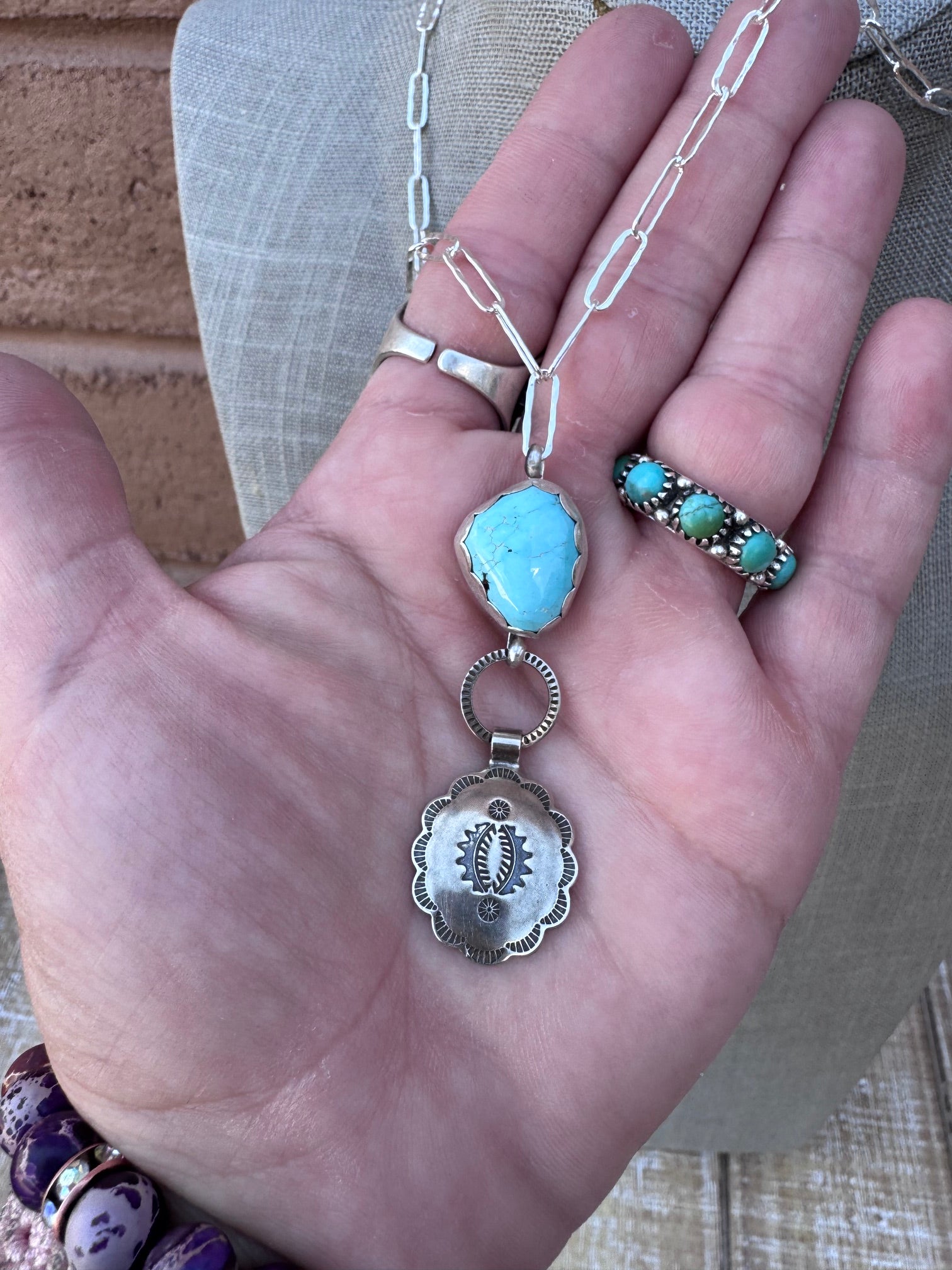Handmade Sterling Silver & Carico Lake Turquoise Concho 18" Necklace by Roaming Buffalo