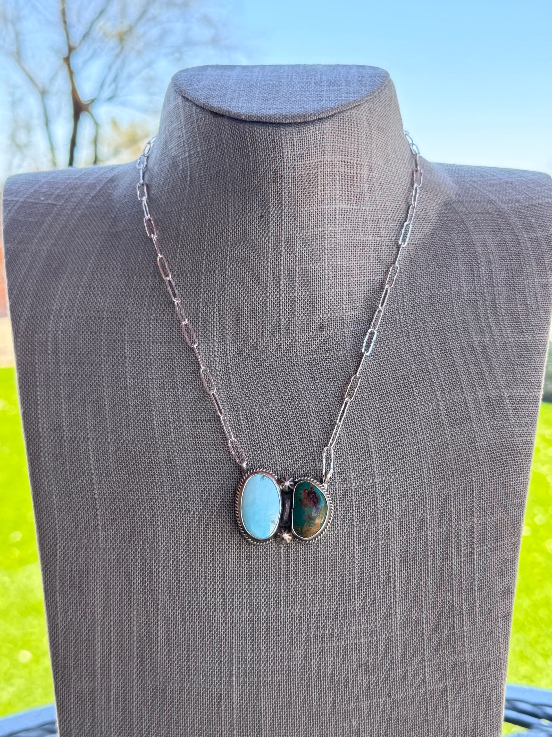 Handmade Sterling Silver & Mix Turquoise, Arizona Turquoise Paper Clip Bar Necklace 18.5" by Roaming Buffalo