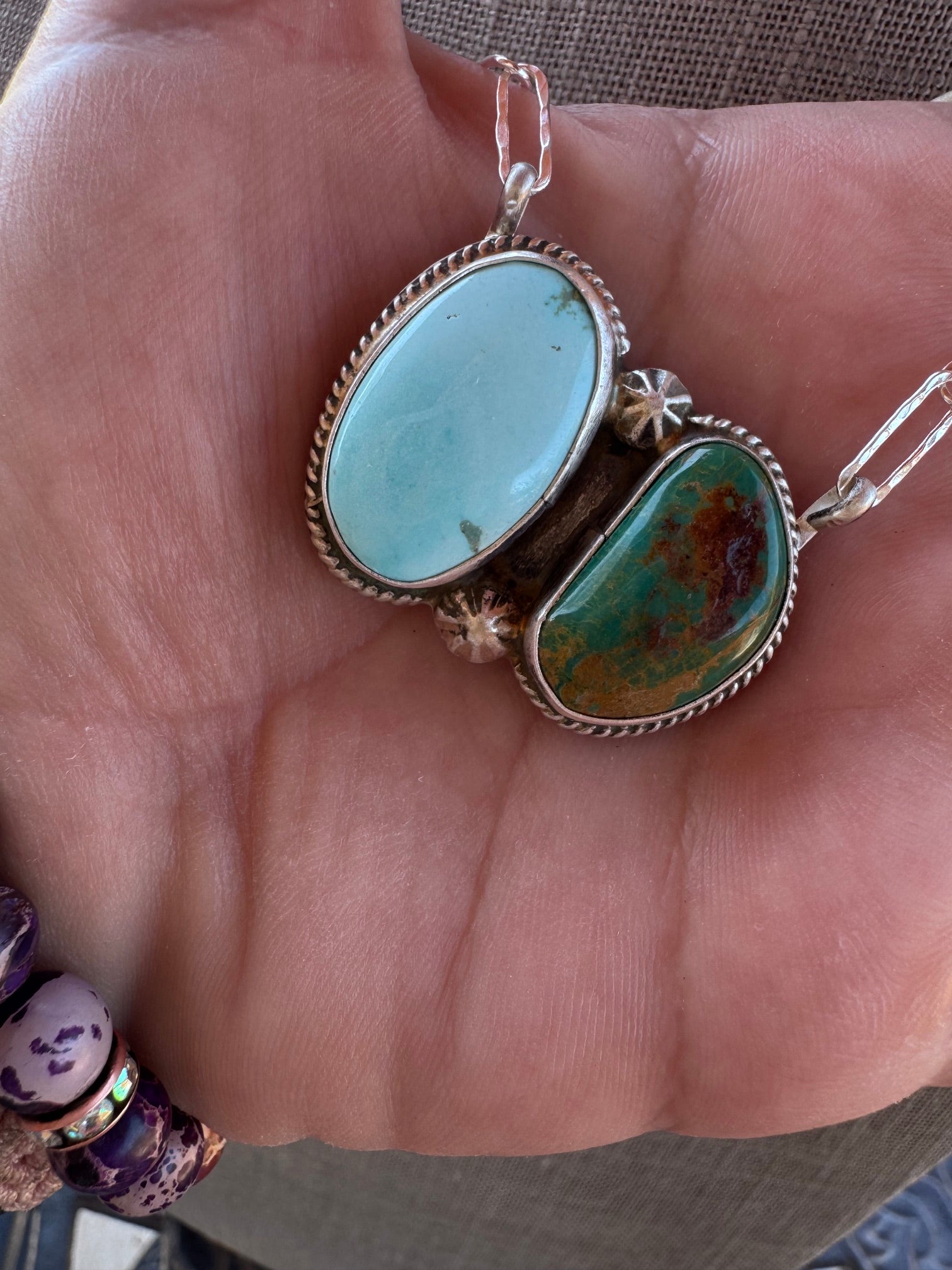Handmade Sterling Silver & Mix Turquoise, Arizona Turquoise Paper Clip Bar Necklace 18.5" by Roaming Buffalo