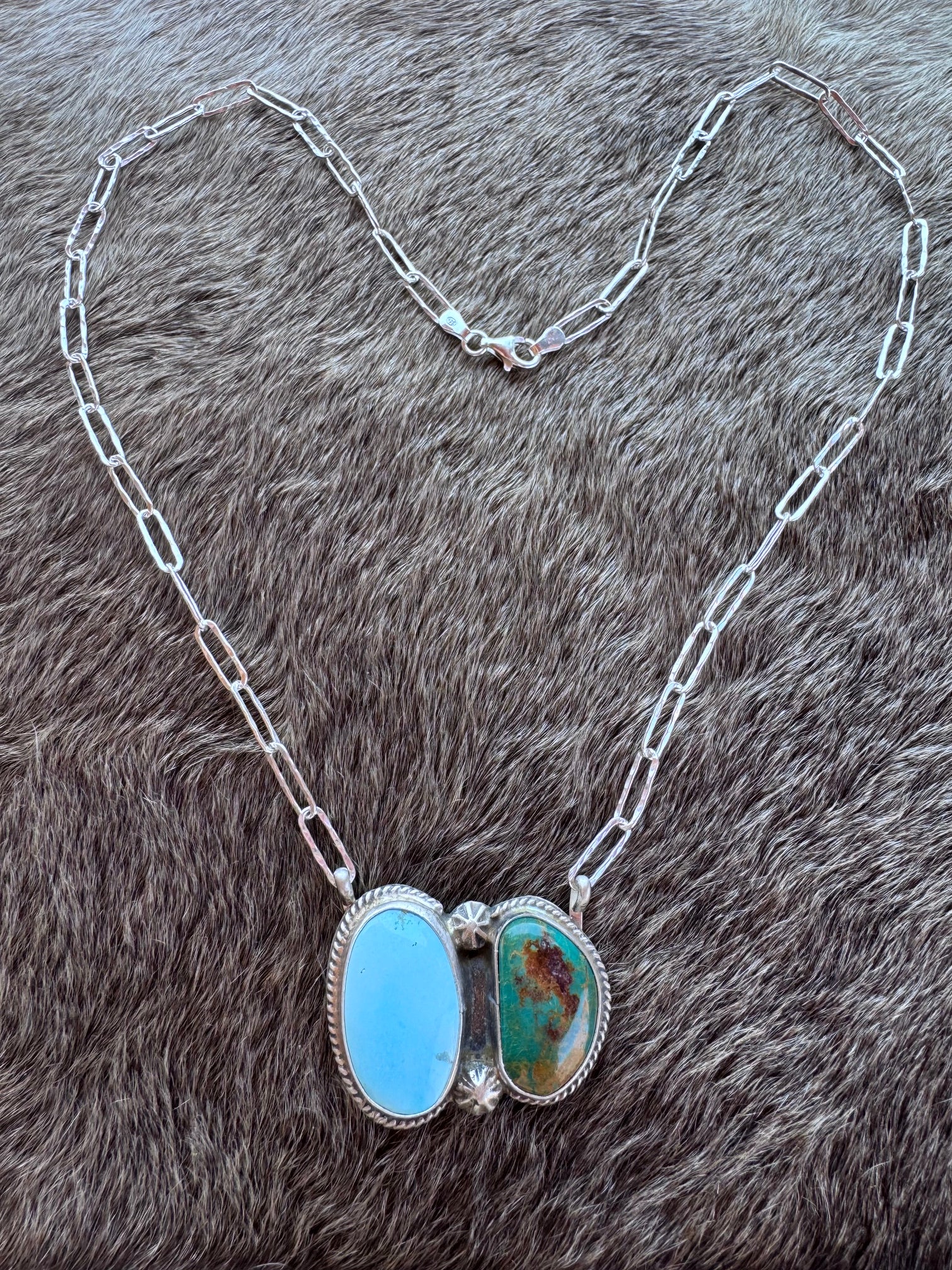 Handmade Sterling Silver & Mix Turquoise, Arizona Turquoise Paper Clip Bar Necklace 18.5" by Roaming Buffalo