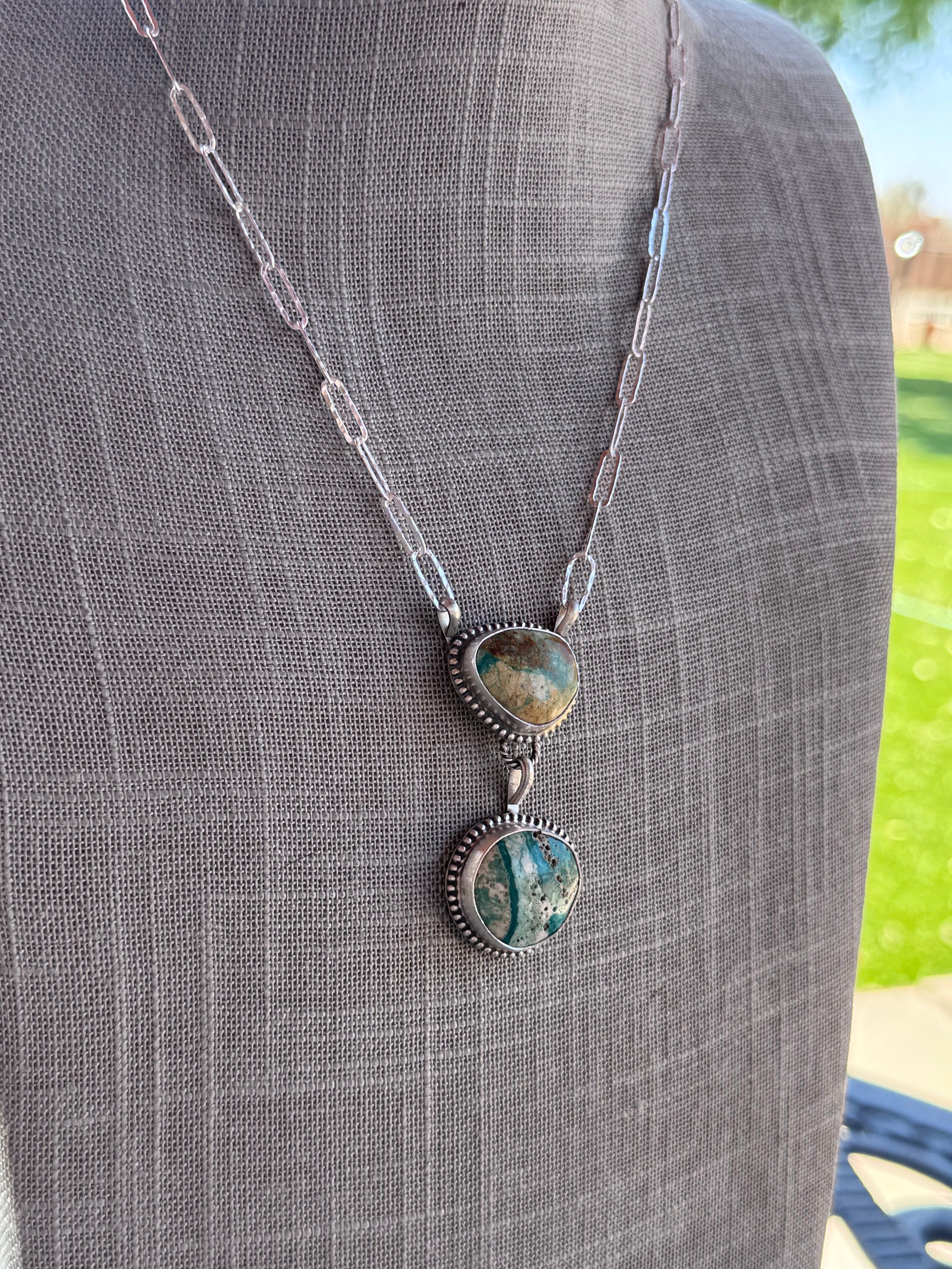 Handmade Sterling Silver & Mixed Turquoise Paper Clip Necklace 18" by Roaming Buffalo