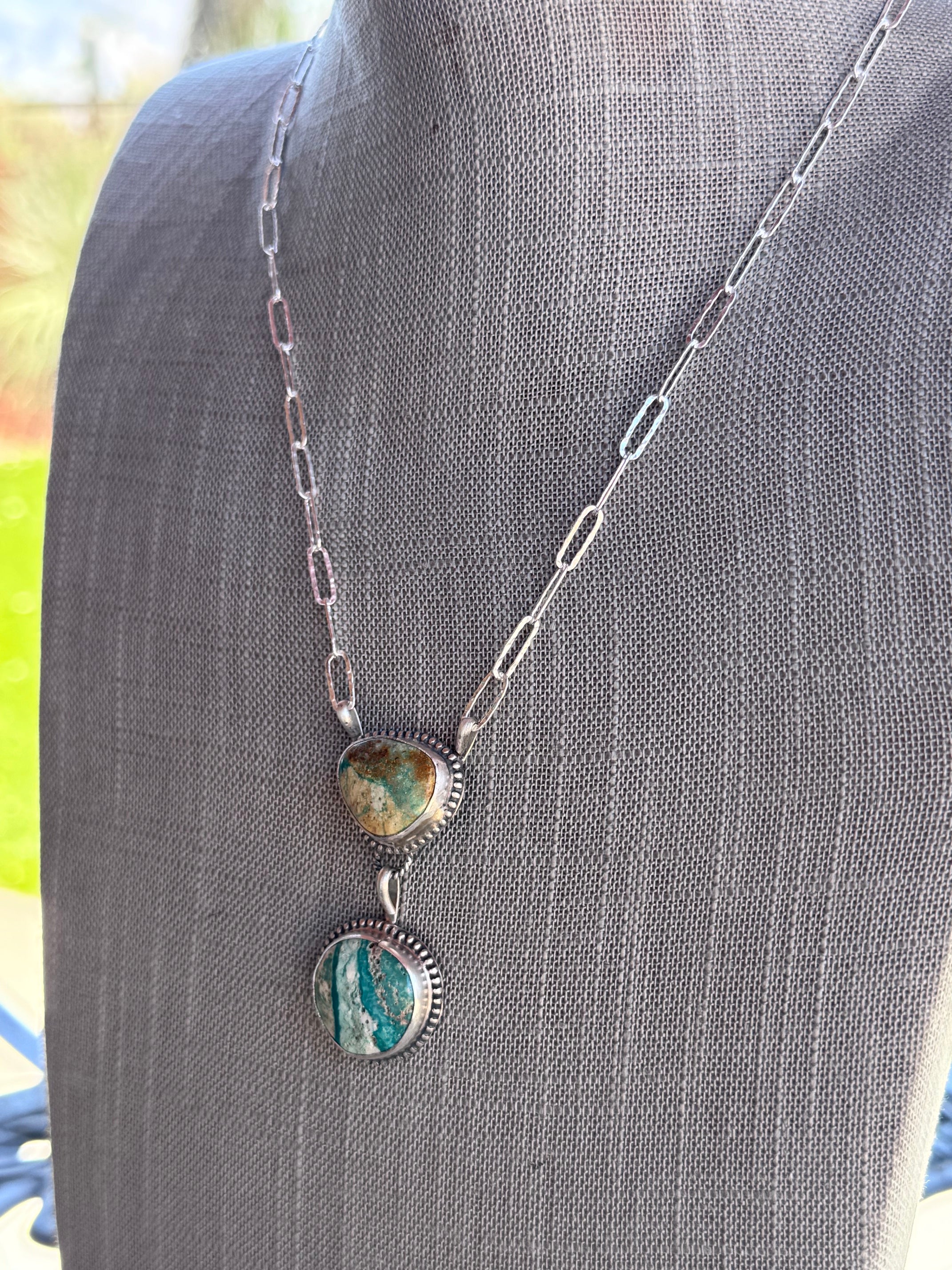 Handmade Sterling Silver & Mixed Turquoise Paper Clip Necklace 18" by Roaming Buffalo