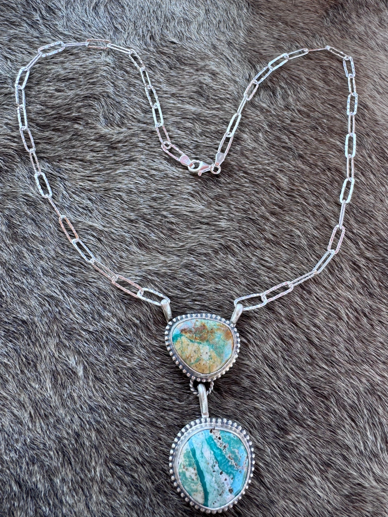 Handmade Sterling Silver & Mixed Turquoise Paper Clip Necklace 18" by Roaming Buffalo