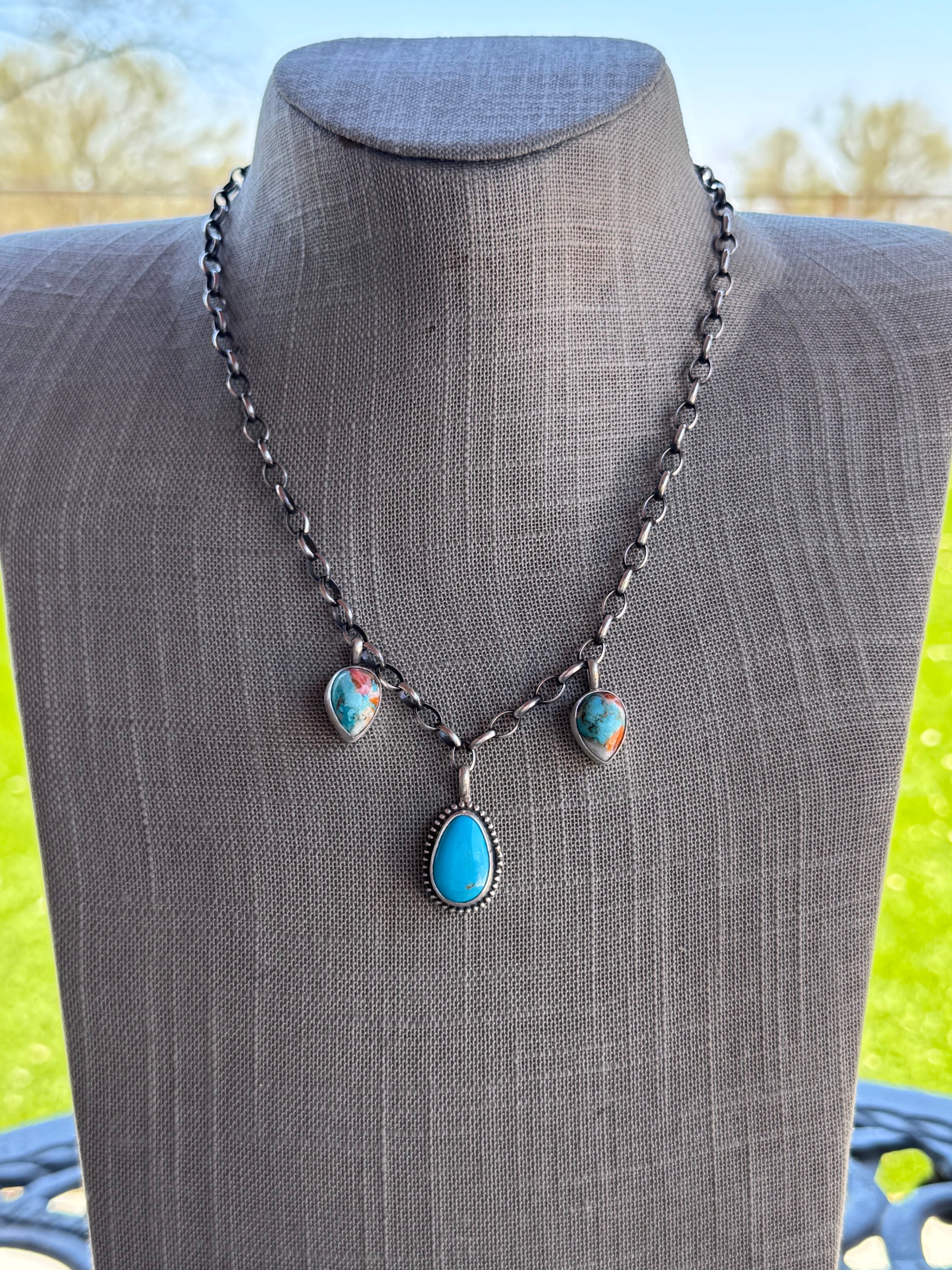 Handmade Sterling Silver & Kingman Turquoise, Dahlia Chain Necklace 17.5" by Roaming Buffalo
