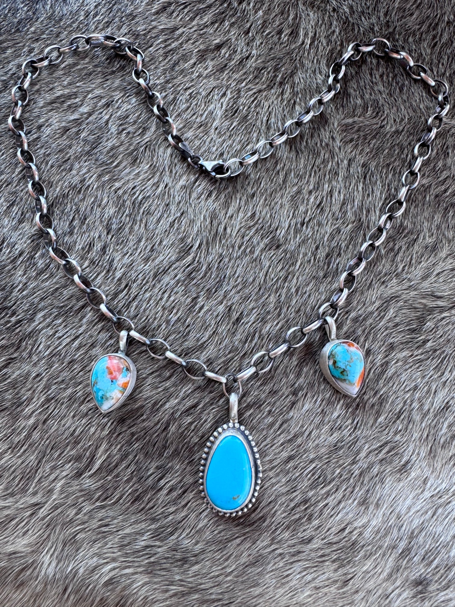 Handmade Sterling Silver & Kingman Turquoise, Dahlia Chain Necklace 17.5" by Roaming Buffalo