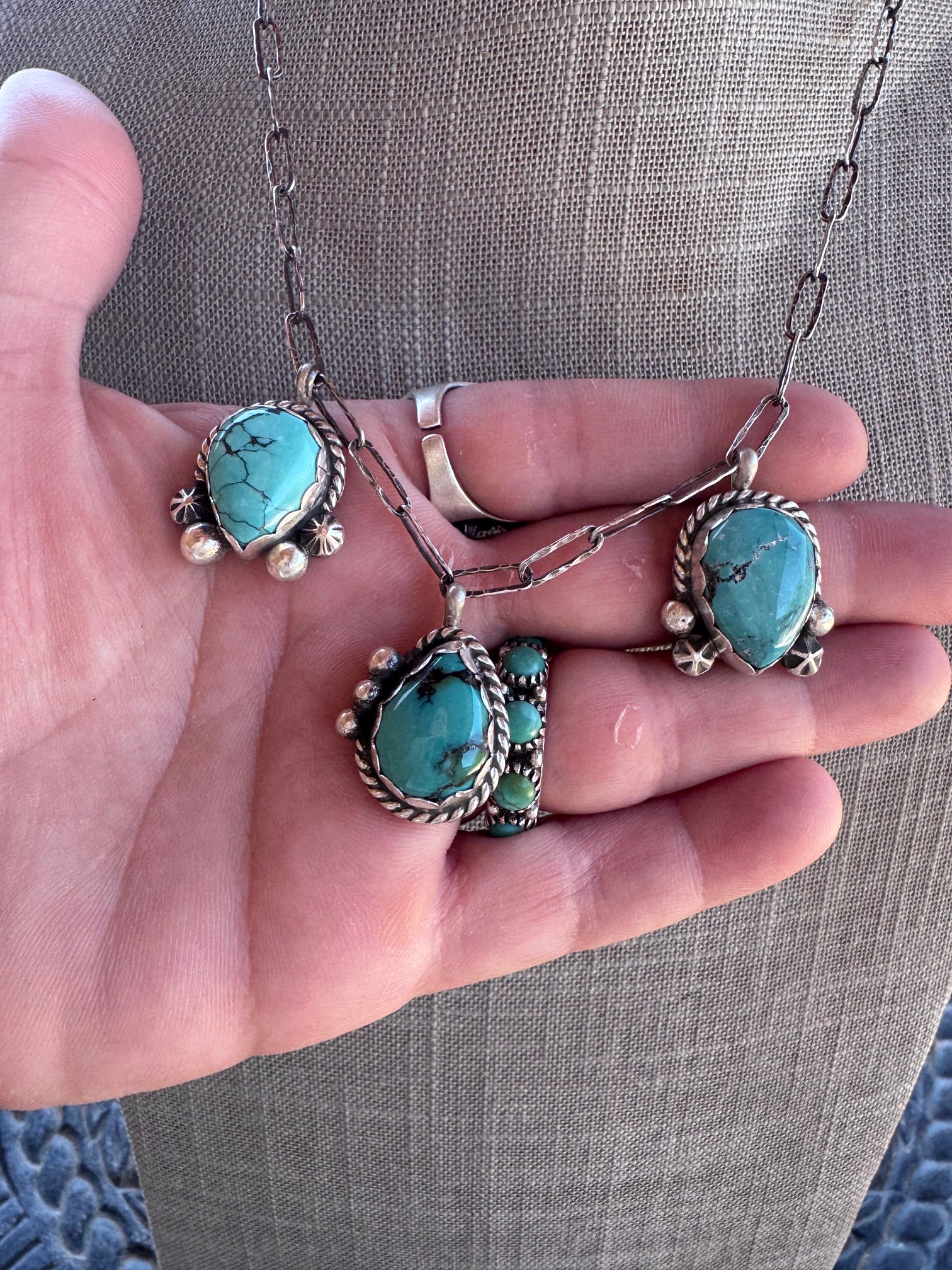 Handmade Sterling Silver & Arizona Turquoise Charm Paper Clip Necklace 18" by Roaming Buffalo