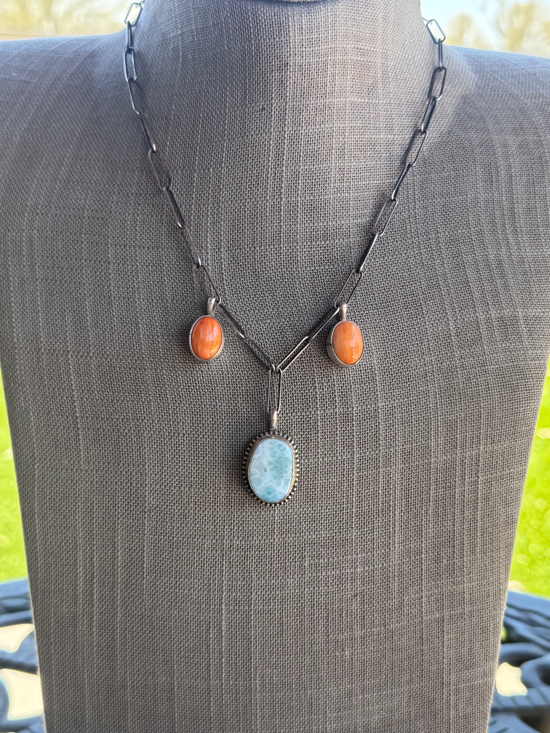 Handmade Sterling Silver & Larimar, Orange Spiny Paper Clip Necklace 18" by Roaming Buffalo
