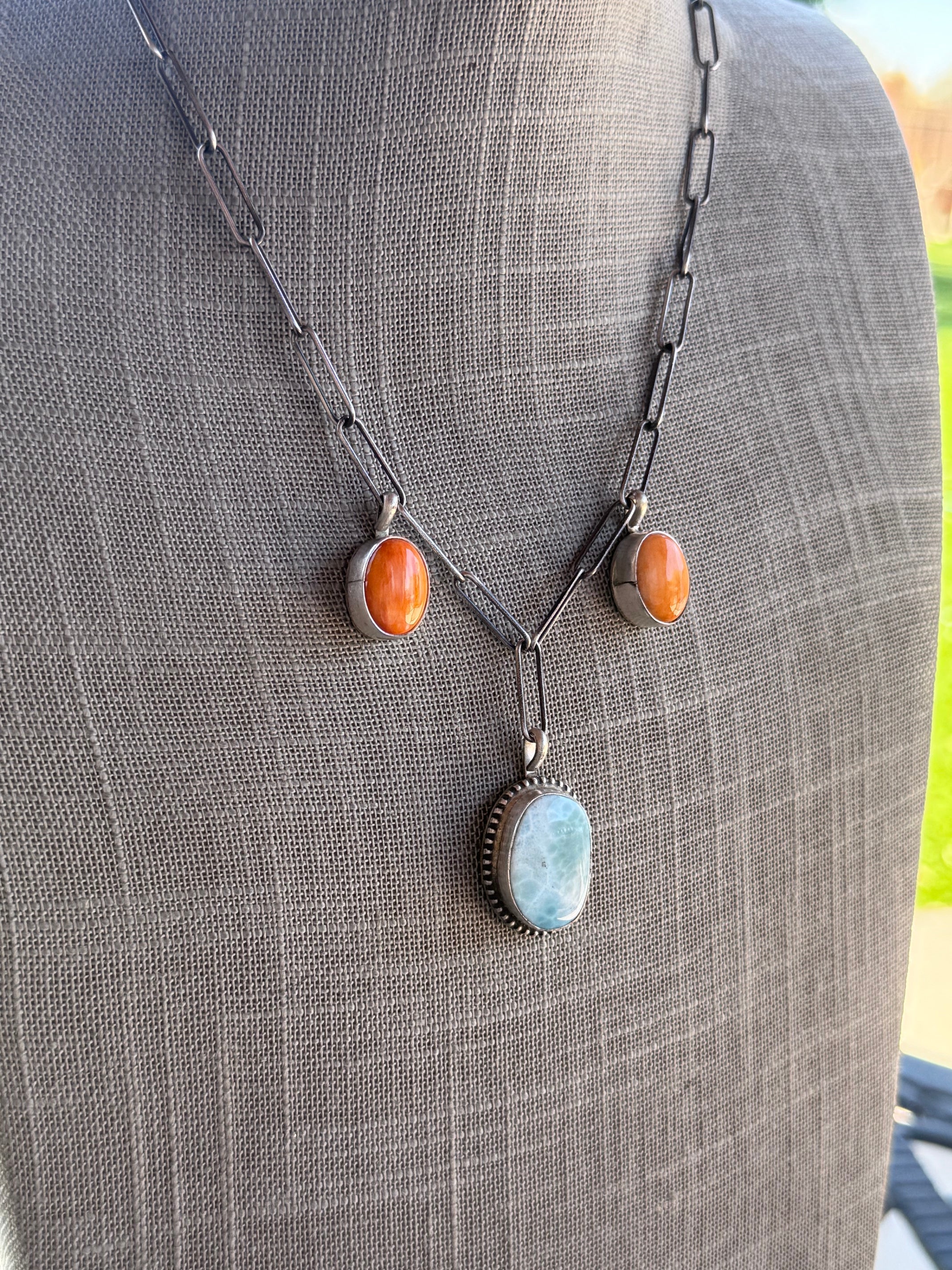 Handmade Sterling Silver & Larimar, Orange Spiny Paper Clip Necklace 18" by Roaming Buffalo