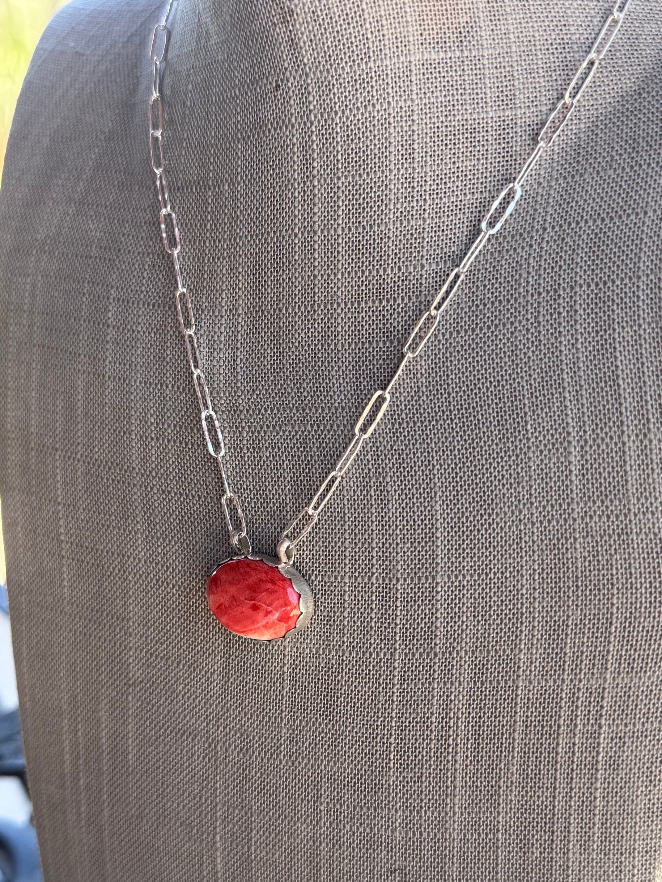 Handmade Sterling Silver & Orange Spiny Paper Clip Necklace 18" by Roaming Buffalo