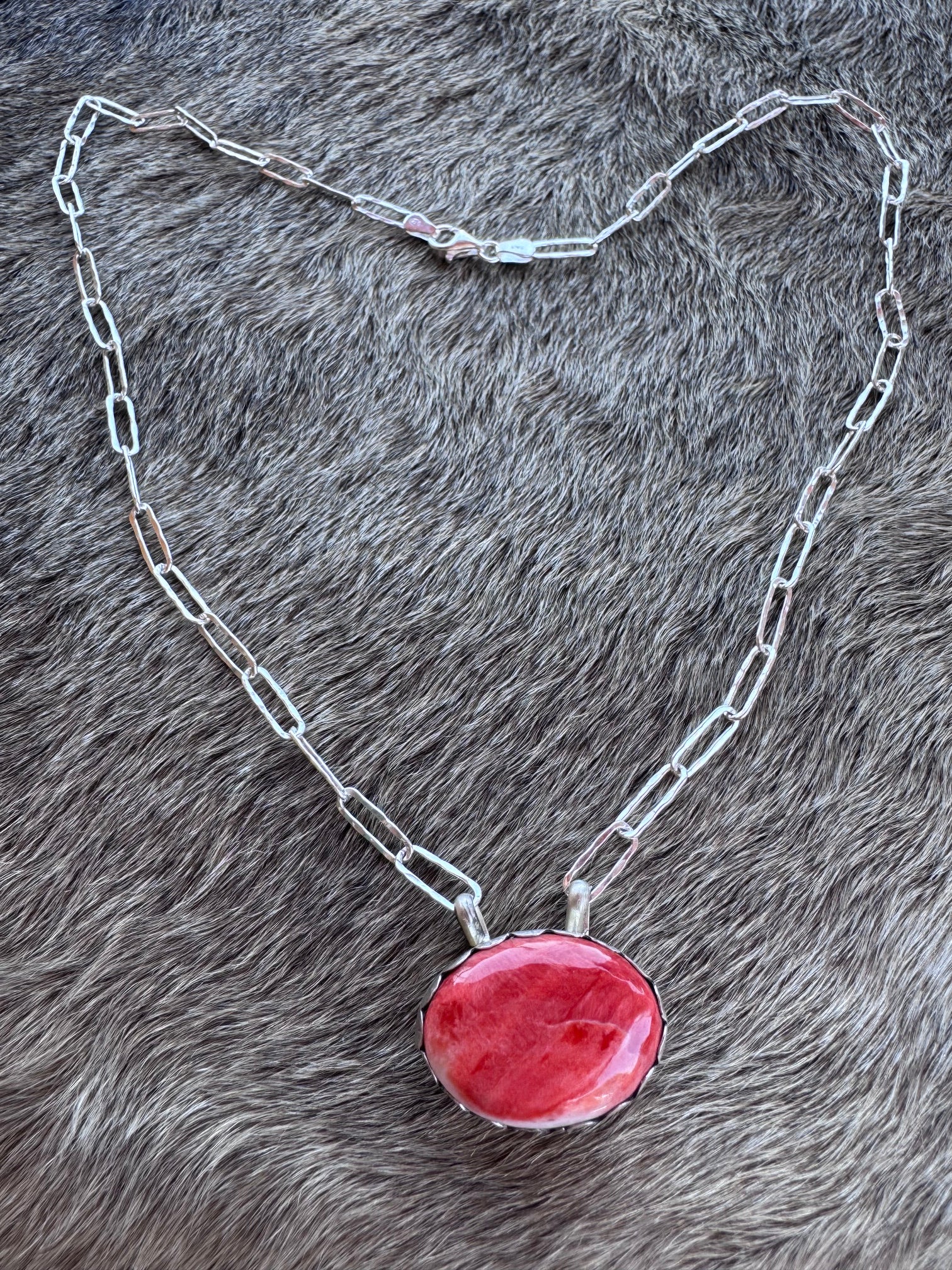 Handmade Sterling Silver & Orange Spiny Paper Clip Necklace 18" by Roaming Buffalo