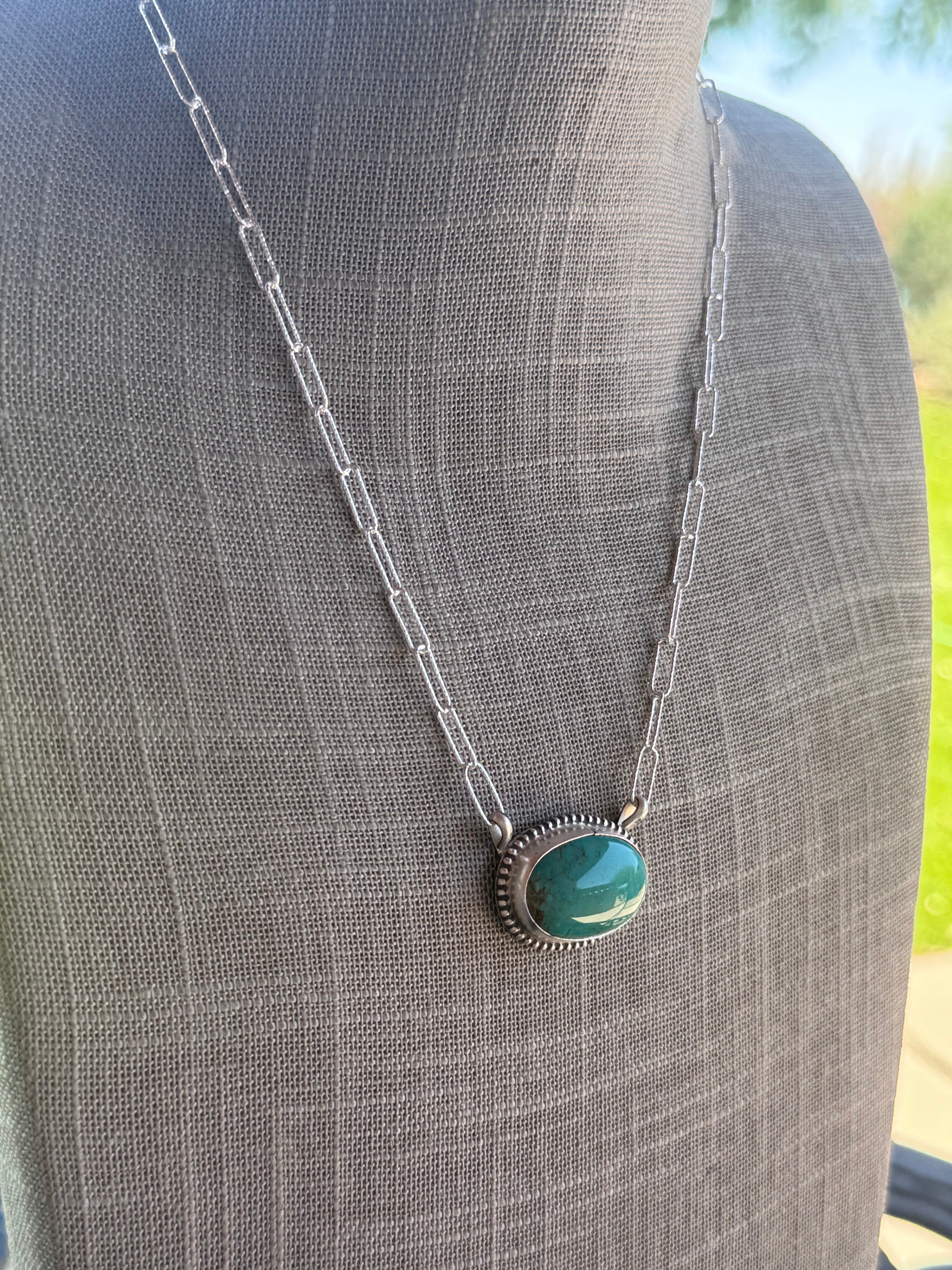 Handmade Sterling Silver & Tyrone Turquoise Paper Clip Necklace 18.5" by Roaming Buffalo