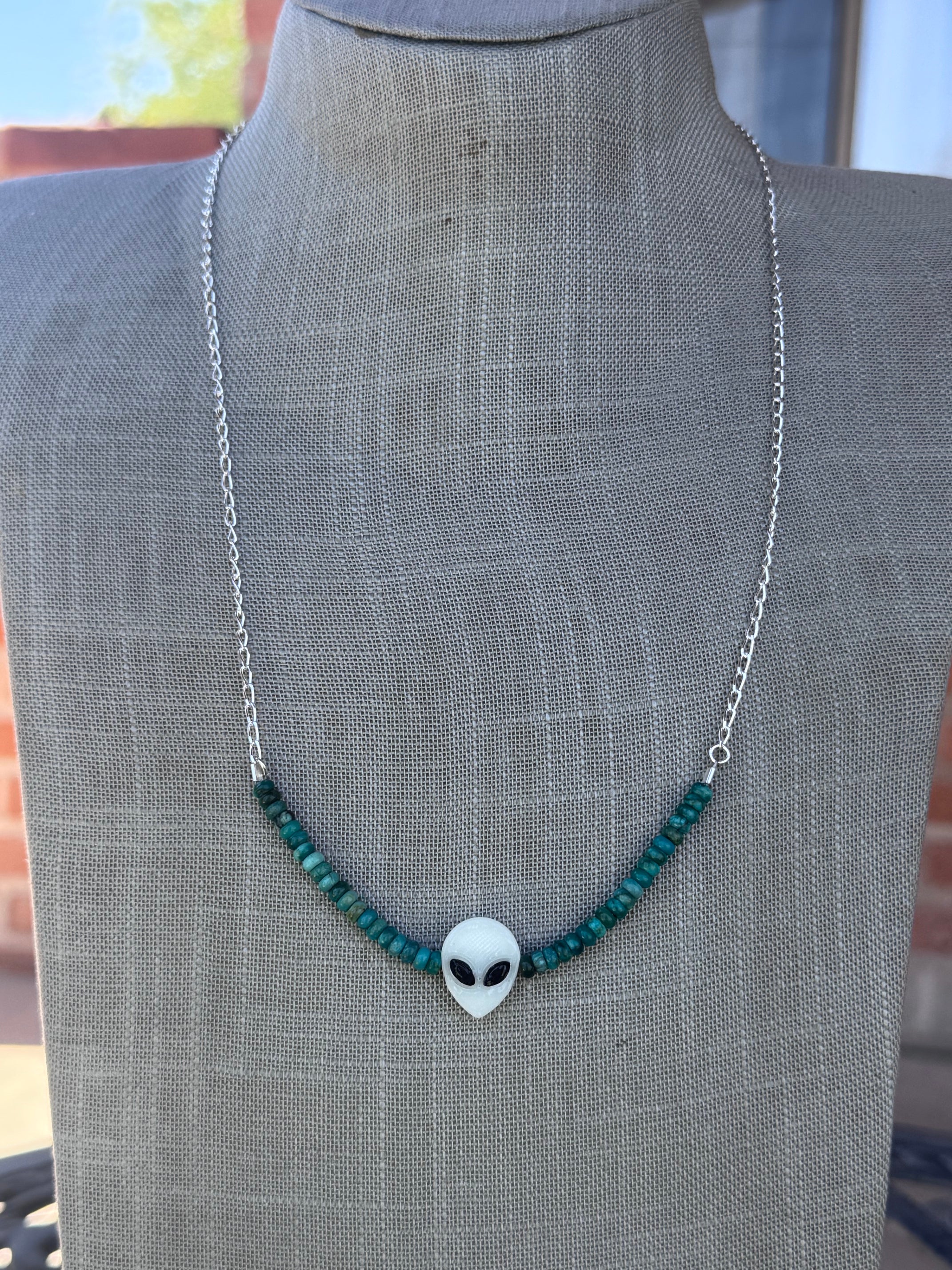 Handmade Sterling Silver & Hubei Turquoise, Glow Alien Chain Necklace 22.5" by Roaming Buffalo