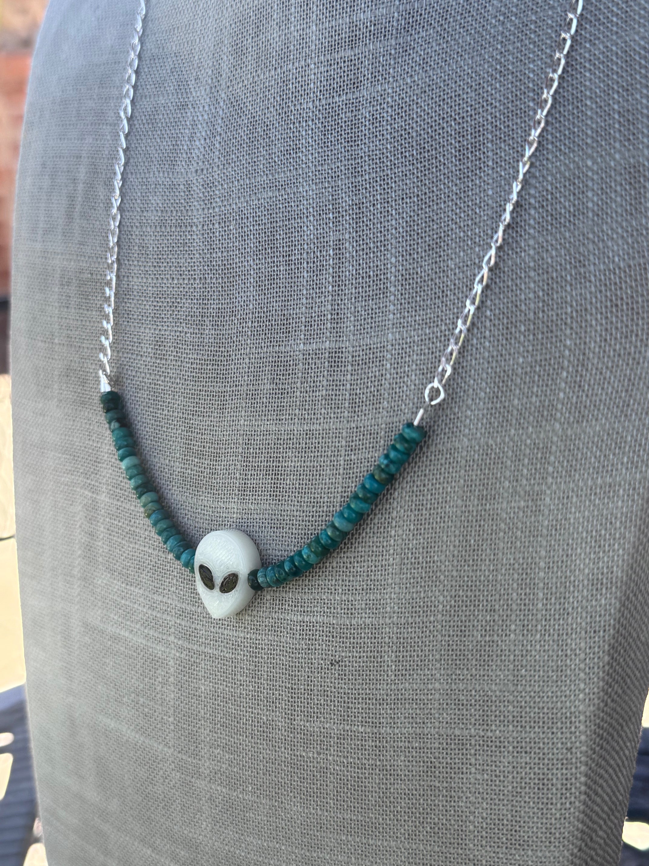 Handmade Sterling Silver & Hubei Turquoise, Glow Alien Chain Necklace 22.5" by Roaming Buffalo
