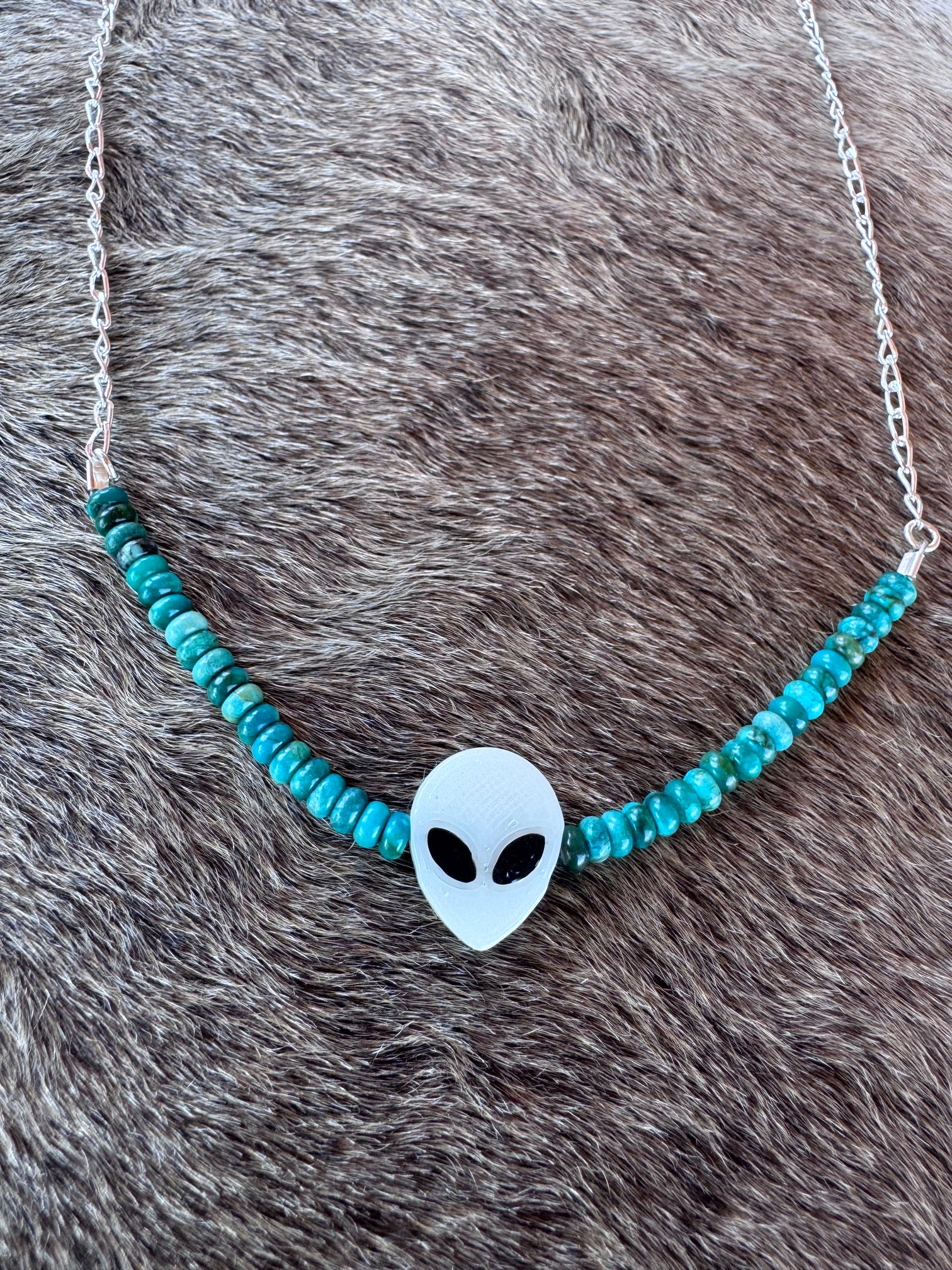 Handmade Sterling Silver & Hubei Turquoise, Glow Alien Chain Necklace 22.5" by Roaming Buffalo