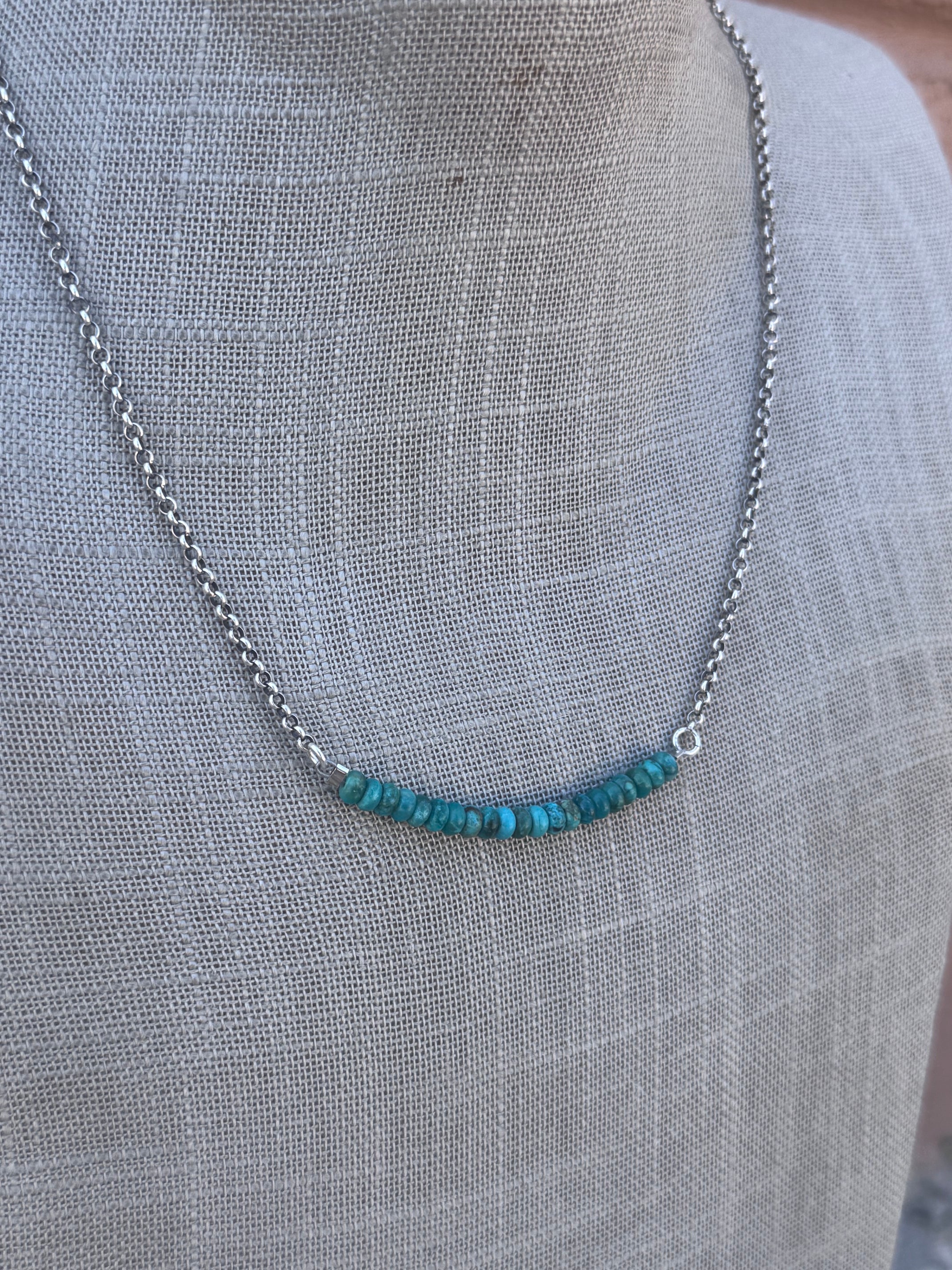 Handmade Sterling Silver & Hubei Turquoise Beaded Chain Necklace 18" by Roaming Buffalo