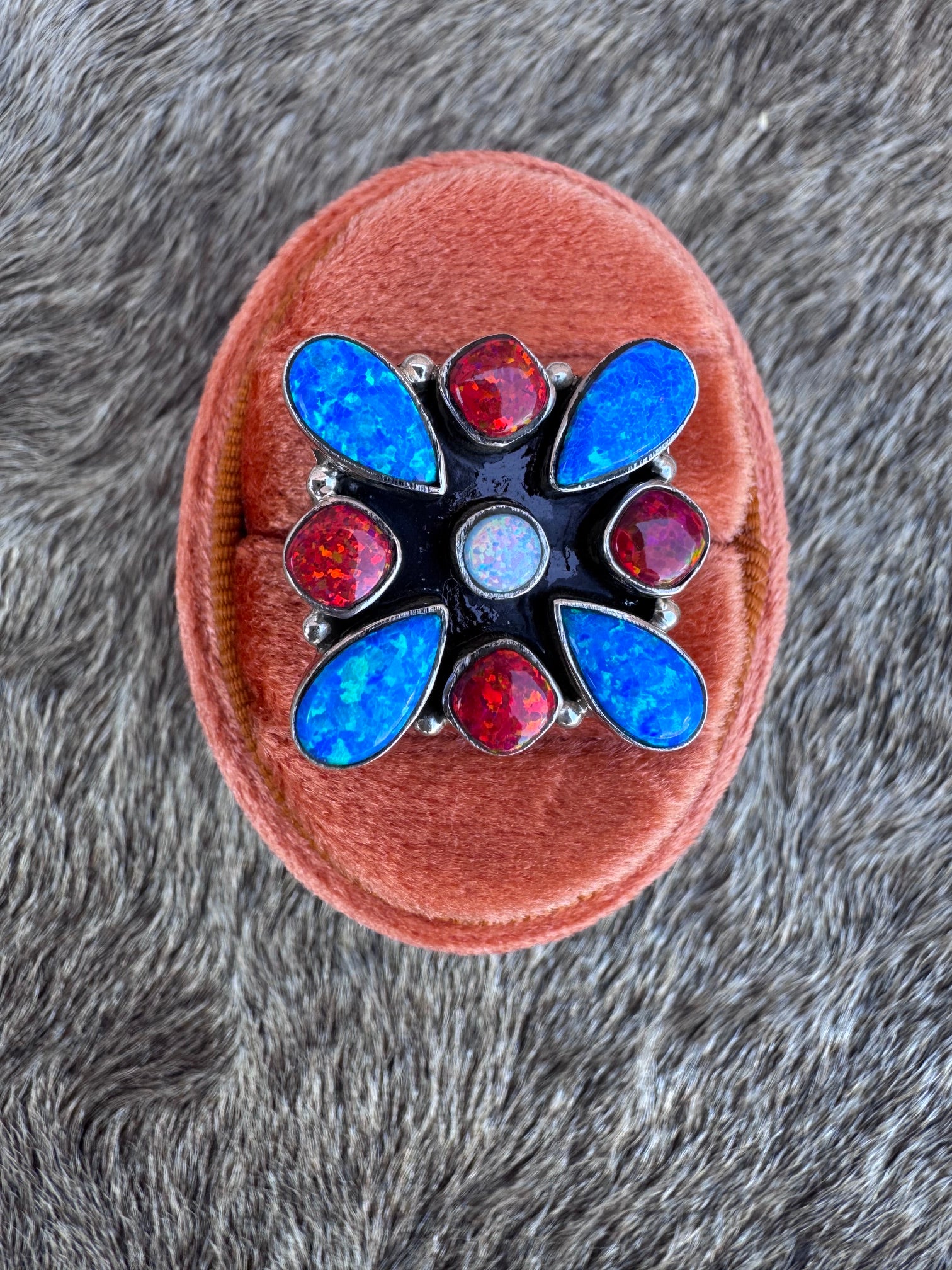 Handmade Sterling Silver 4th Of July Collection: Royal Blue Fire Opal & Red Fire Opal Adjustable Ring "Signed Nizhoni"