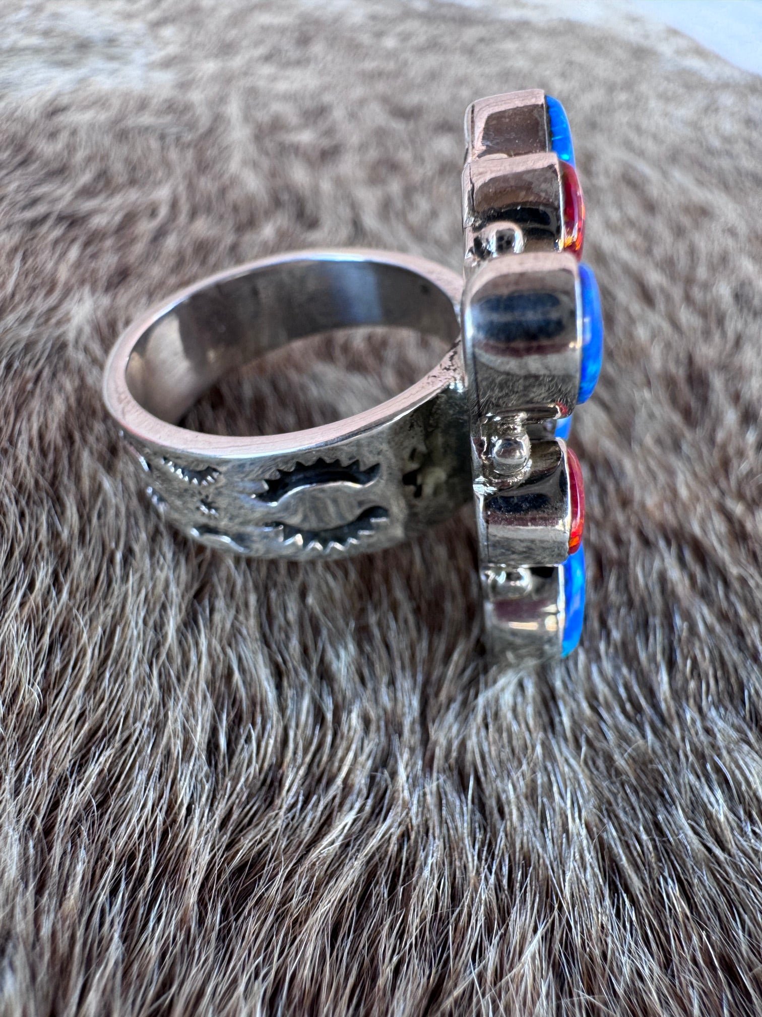 Handmade Sterling Silver 4th Of July Collection: Royal Blue Fire Opal & Red Fire Opal Adjustable Ring "Signed Nizhoni"