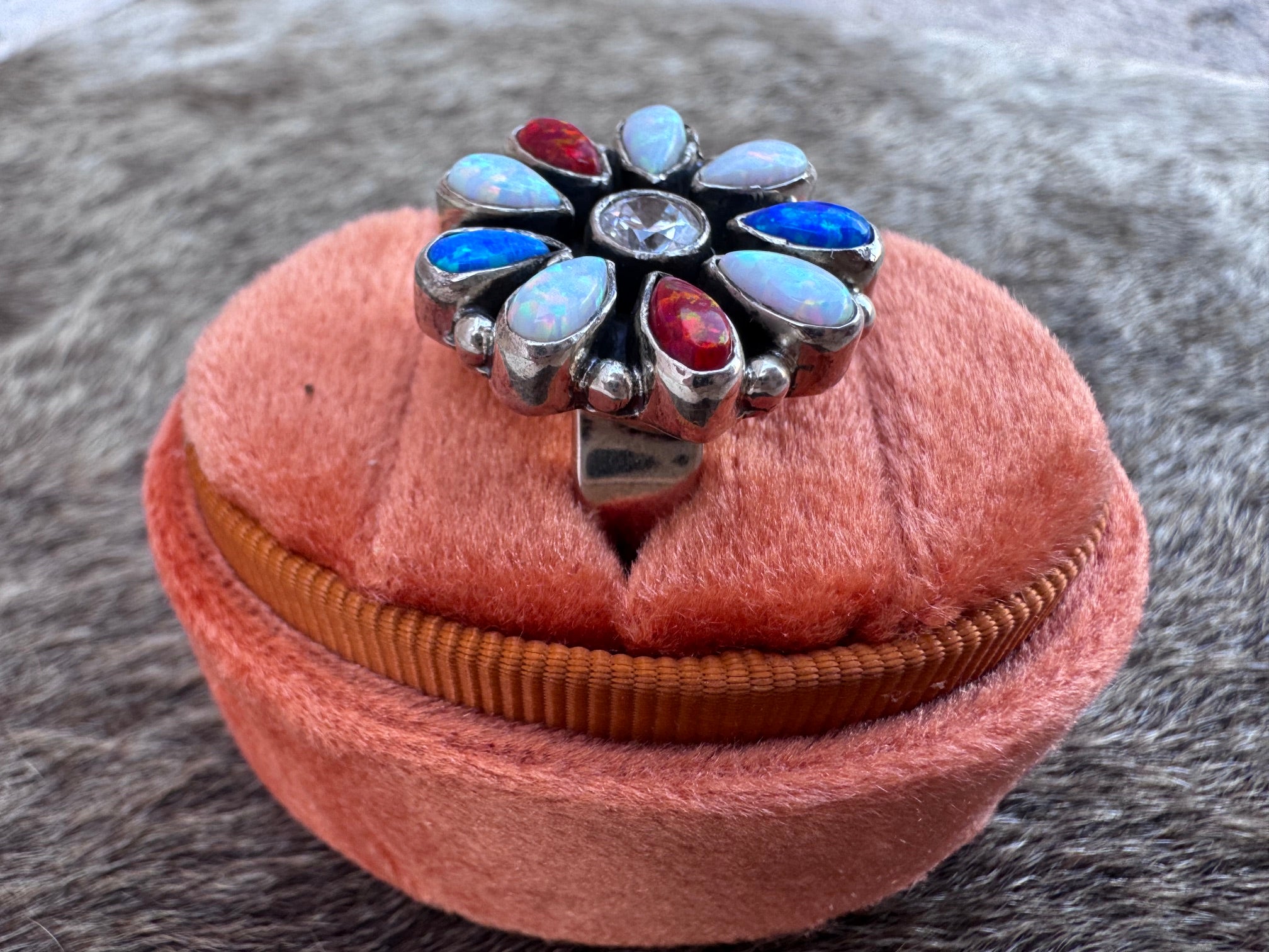 Handmade Sterling Silver 4th Of July Collection: Royal Blue Fire Opal, White Fire Opal & Red Fire Opal Adjustable Ring "Signed Nizhoni"
