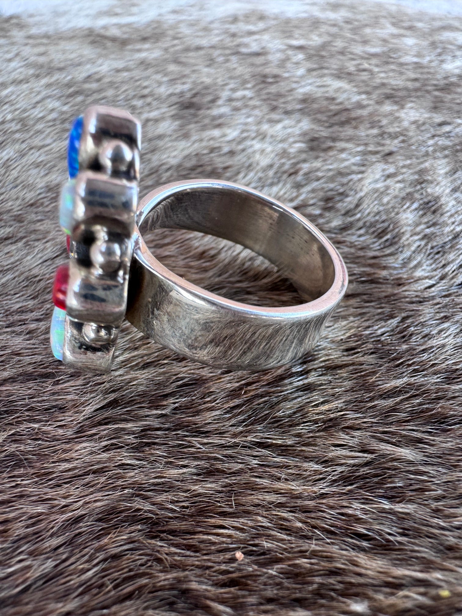 Handmade Sterling Silver 4th Of July Collection: Royal Blue Fire Opal, White Fire Opal & Red Fire Opal Adjustable Ring "Signed Nizhoni"