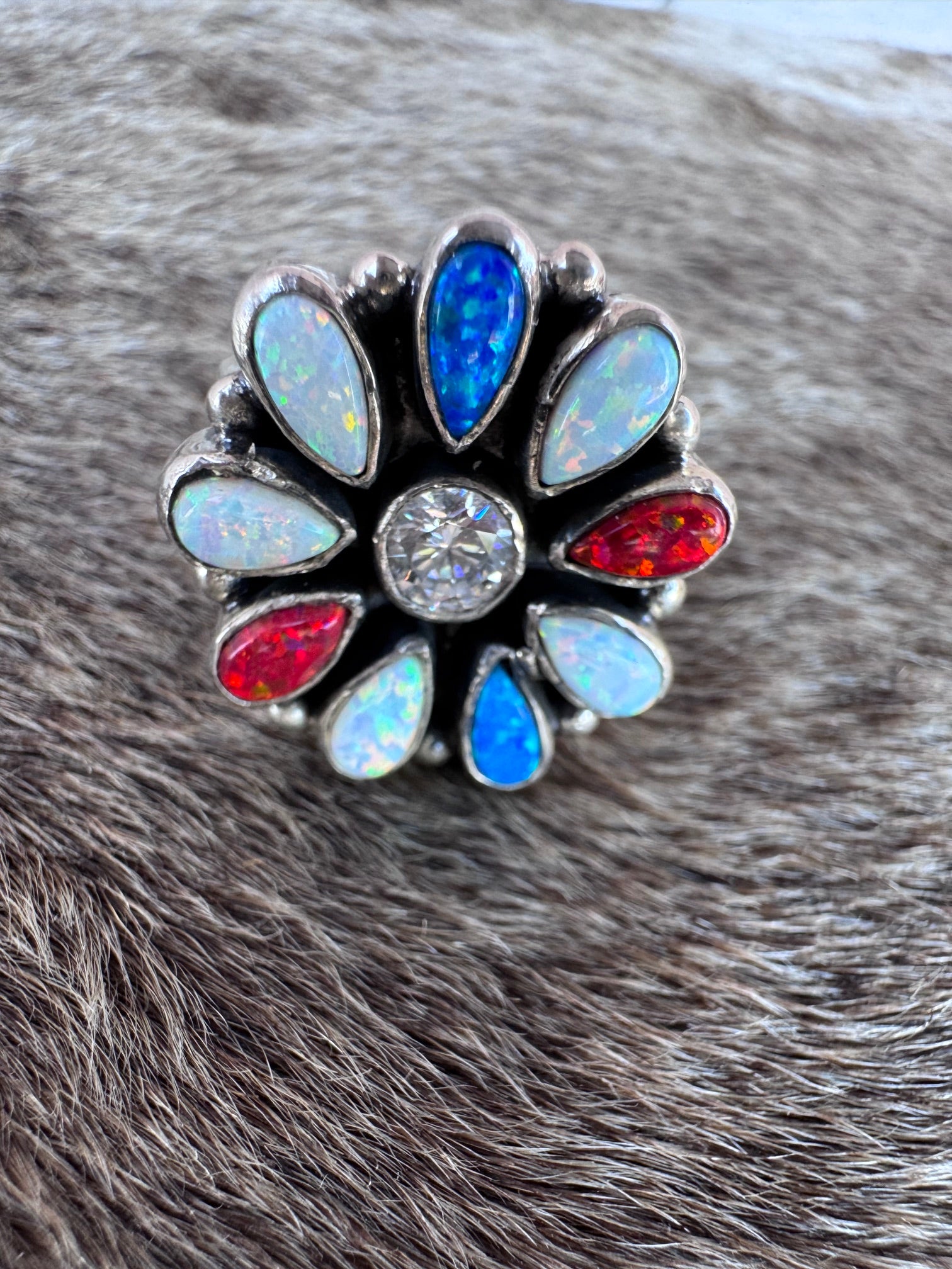 Handmade Sterling Silver 4th Of July Collection: Royal Blue Fire Opal, White Fire Opal & Red Fire Opal Adjustable Ring "Signed Nizhoni"