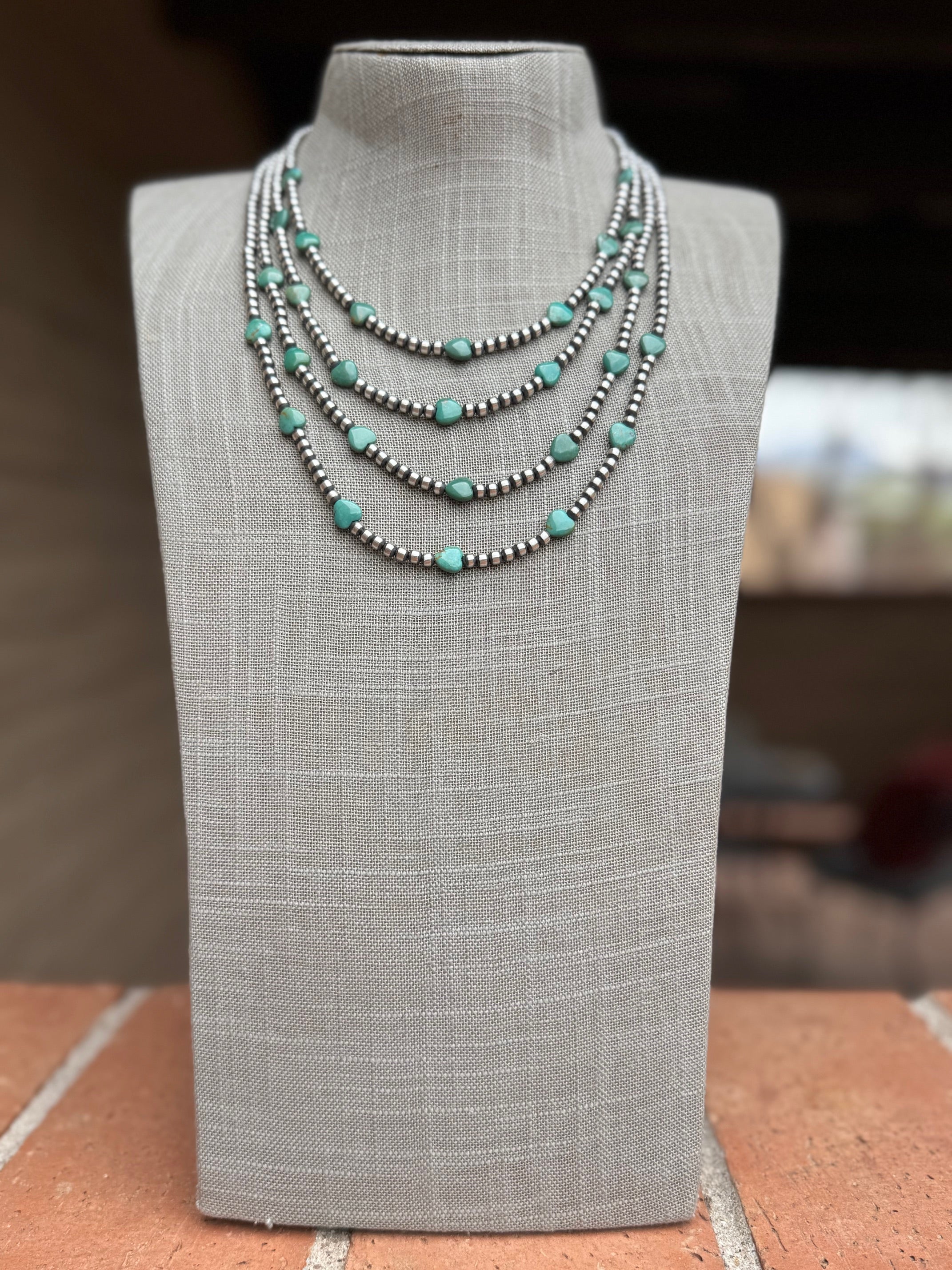 Handcrafted Kingman Turquoise & Sterling Silver Heart 4mm Beaded Necklace