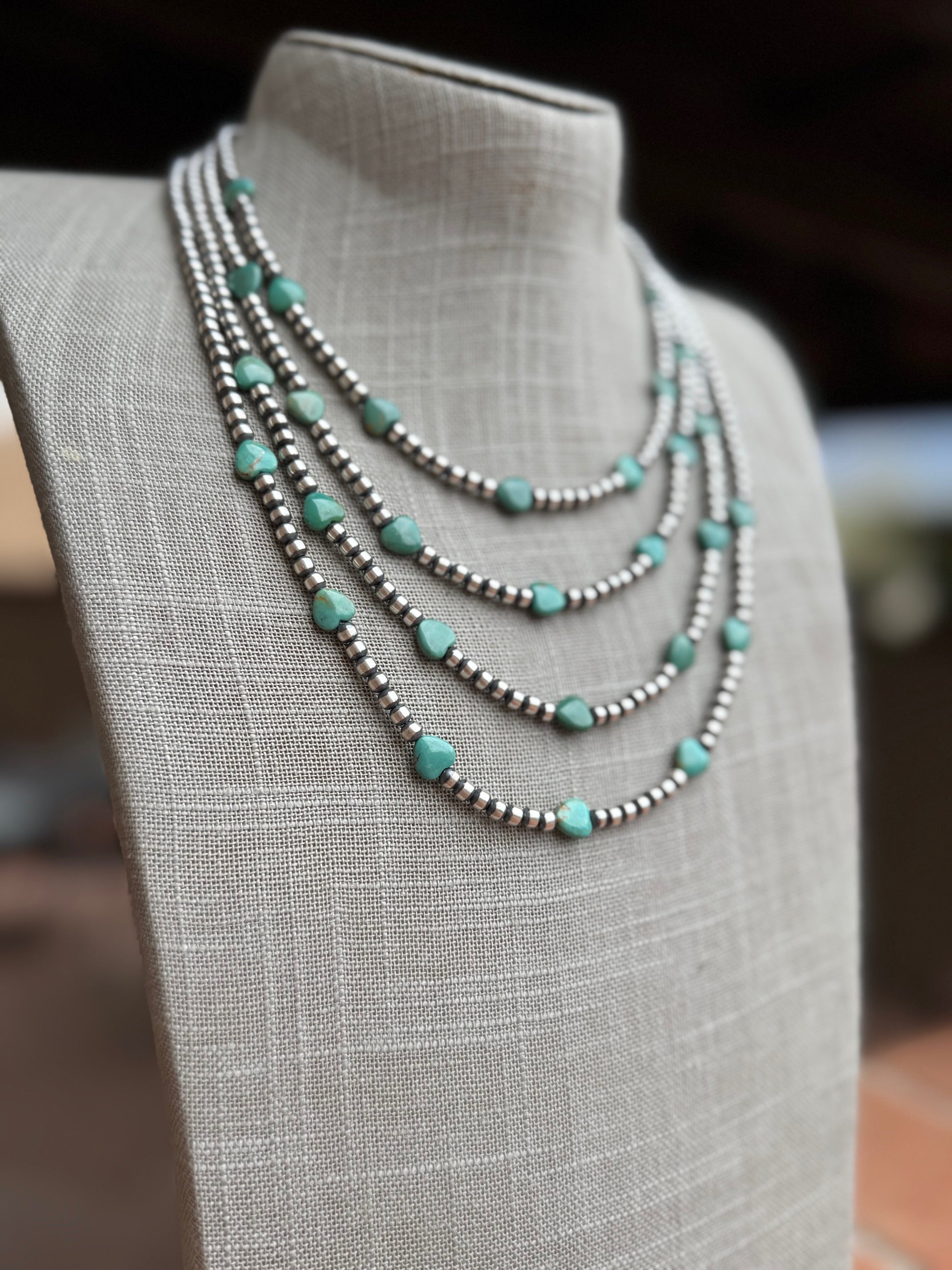 Handcrafted Kingman Turquoise & Sterling Silver Heart 4mm Beaded Necklace