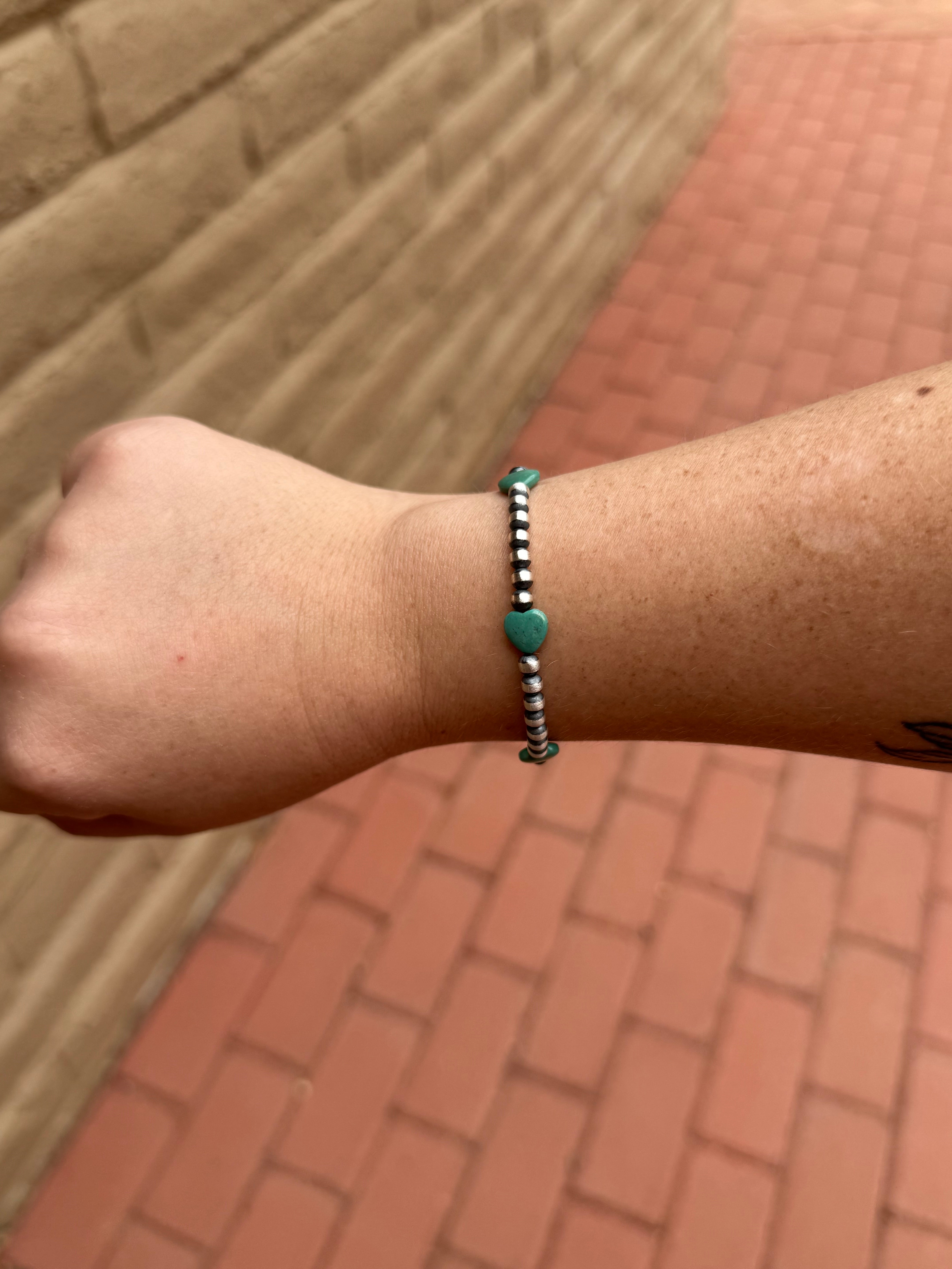 Handcrafted Sterling Silver Pearl & Turquoise 4mm Beaded Heart Bracelet 7"