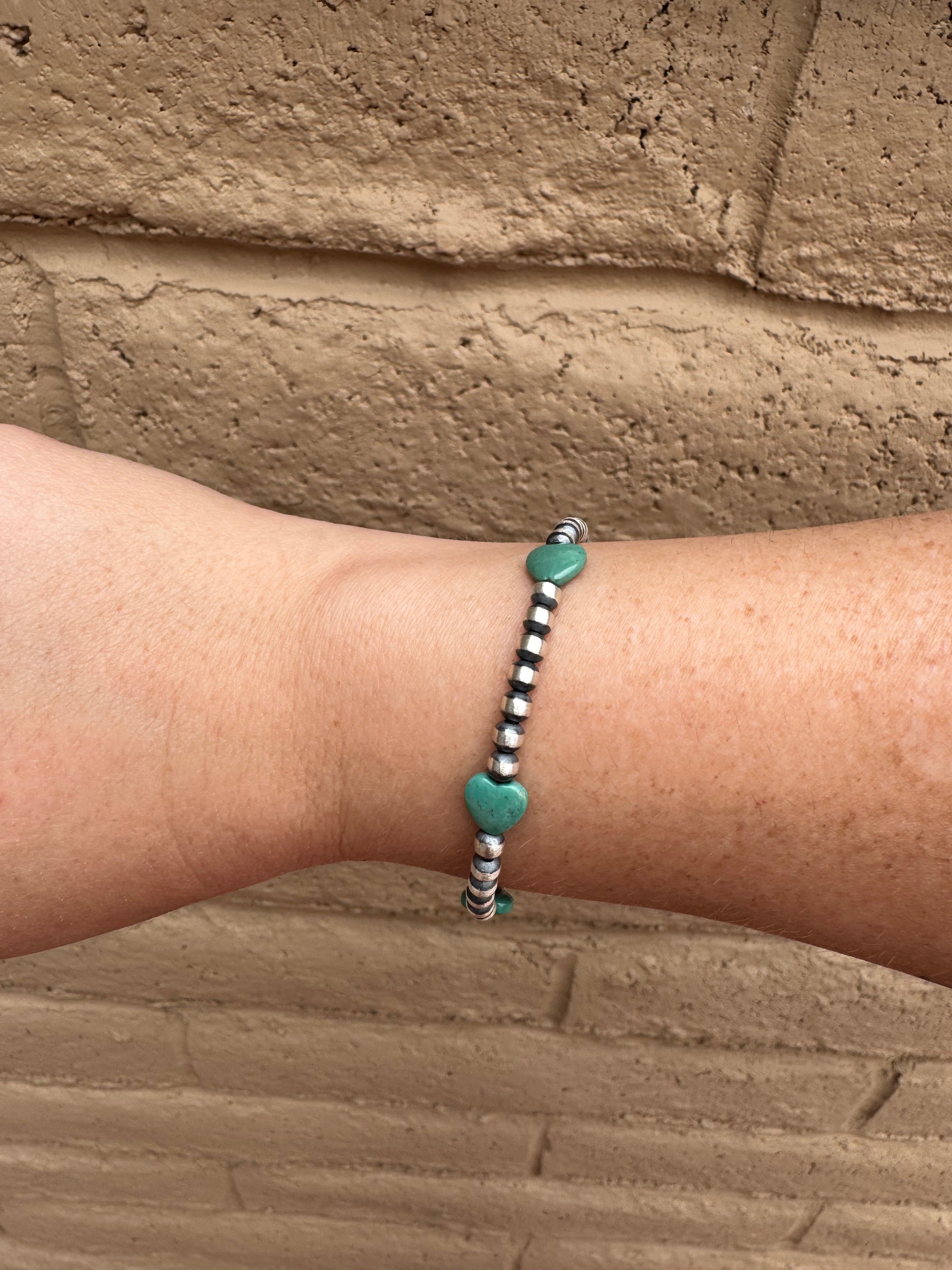 Handcrafted Sterling Silver Pearl & Turquoise 4mm Beaded Heart Bracelet 7"