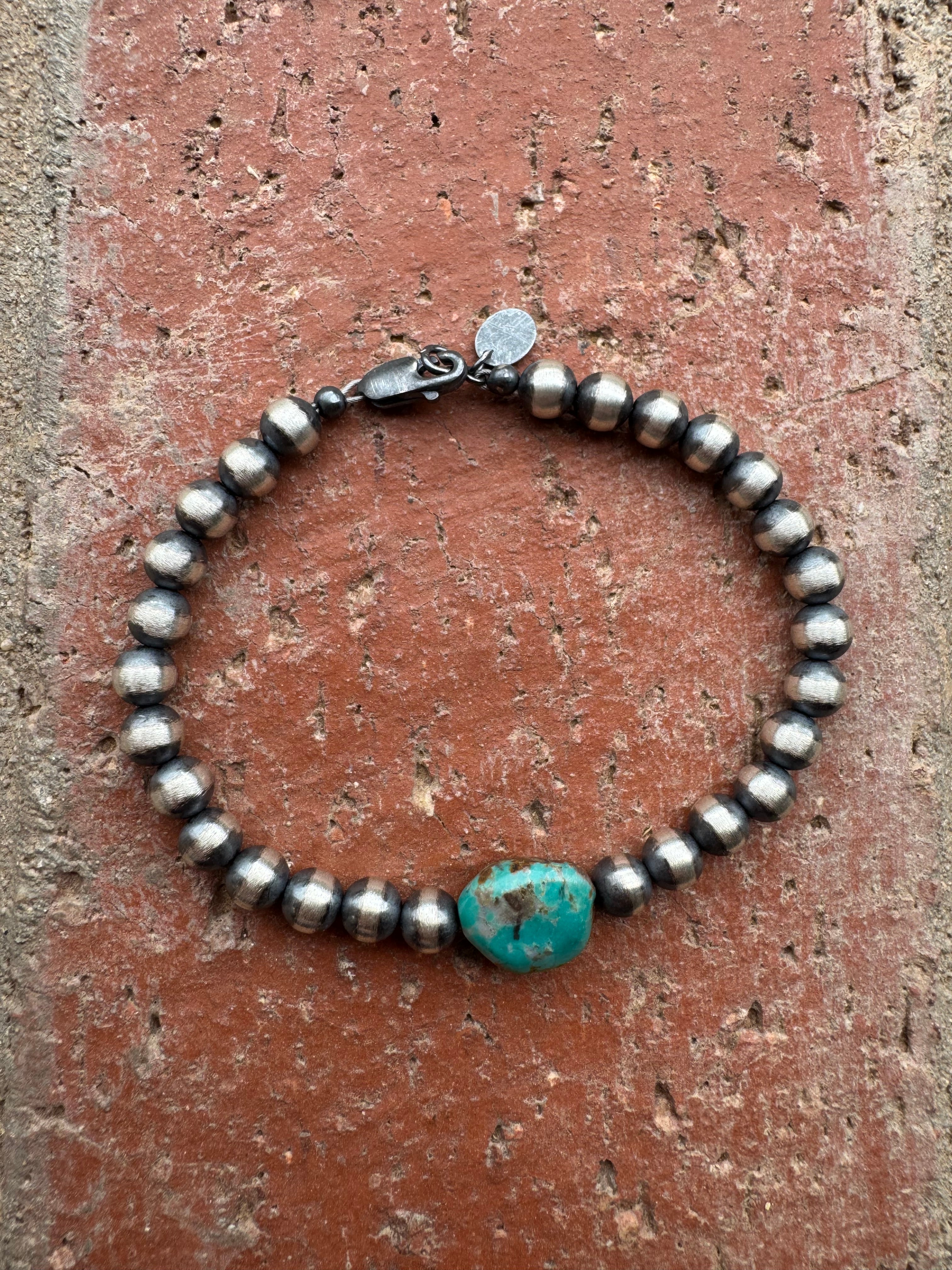 Handcrafted Sterling Silver Kingman Turquoise Beaded 6mm Bracelet