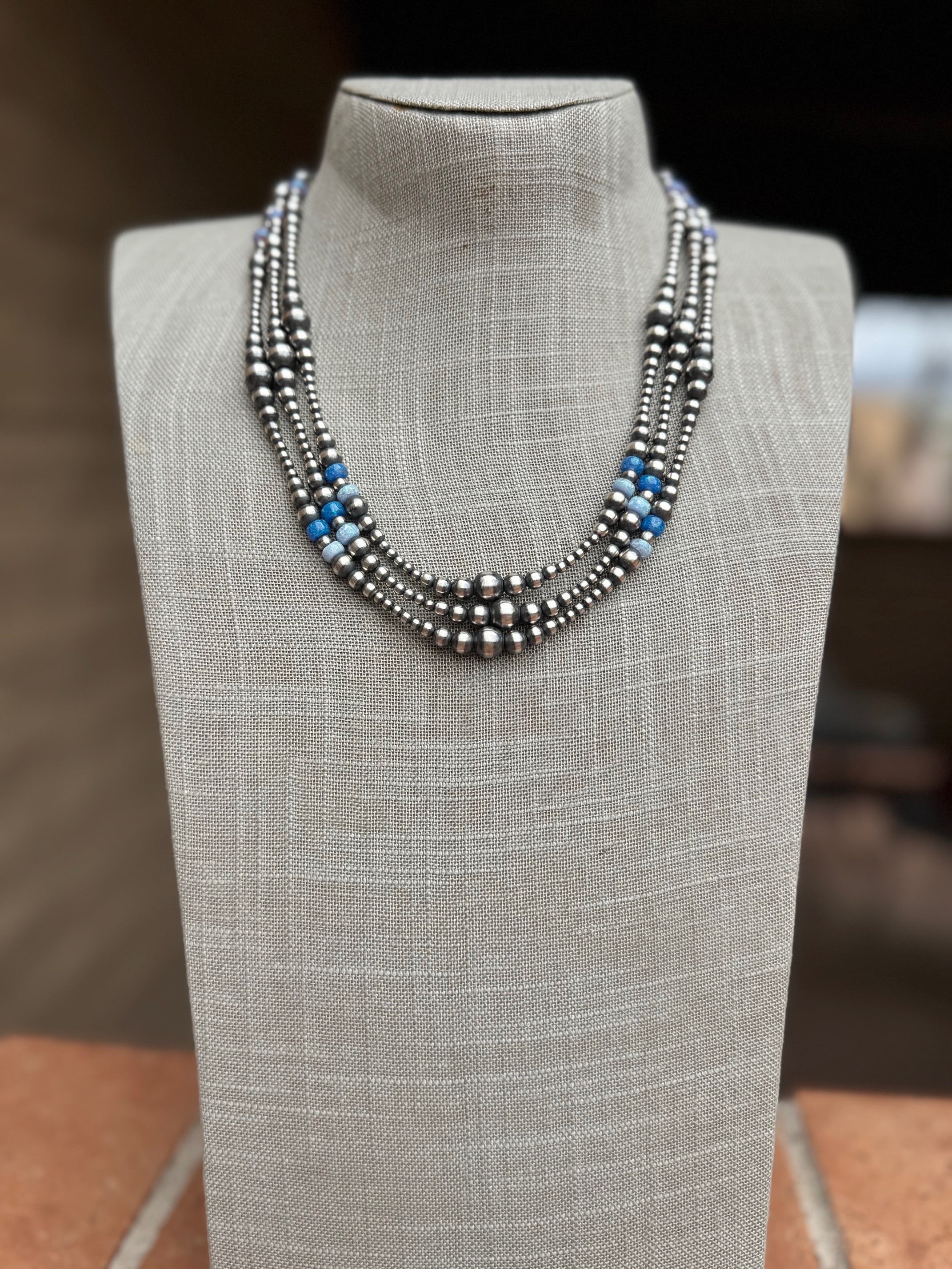 Handcrafted Blue Opal & Sterling Silver Beaded 3-8mm Necklace 20"