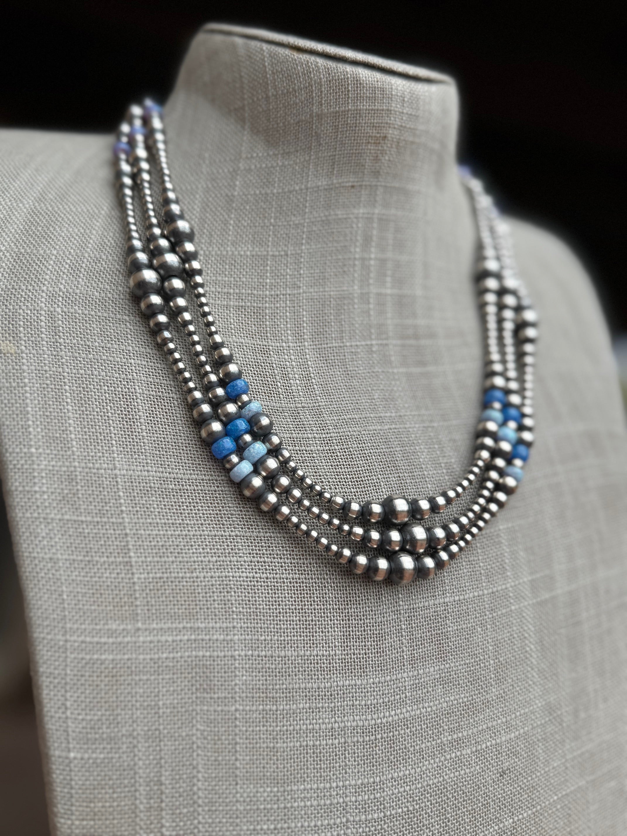 Handcrafted Blue Opal & Sterling Silver Beaded 3-8mm Necklace 20"